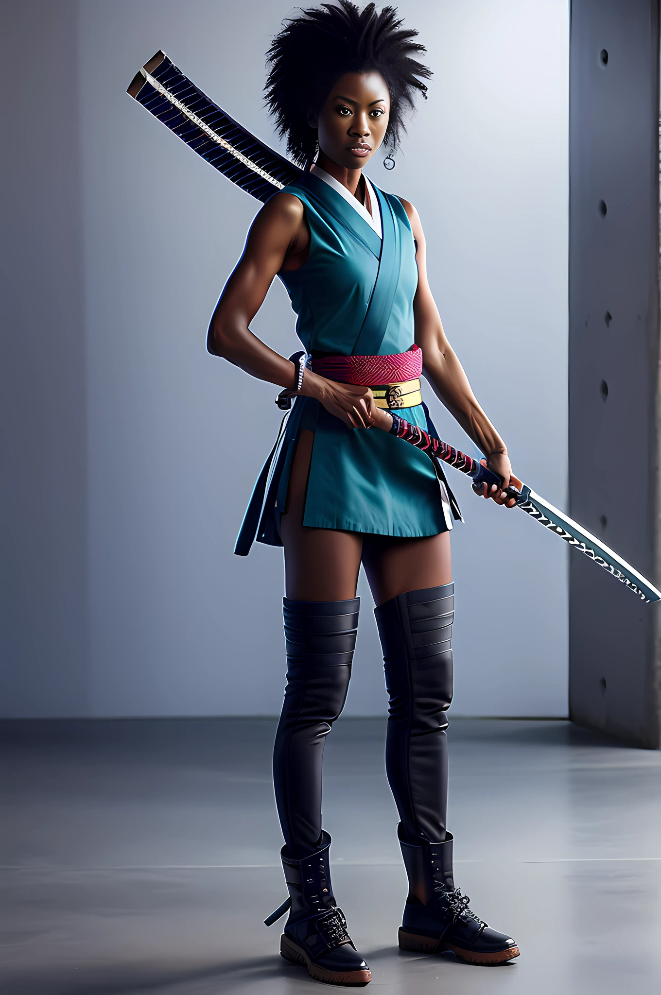 (8k, RAW photo, best quality, masterpiece: 1.2), (realistic, photorealistic: 1.37), full-body portrait of an afro samurai female with her katana