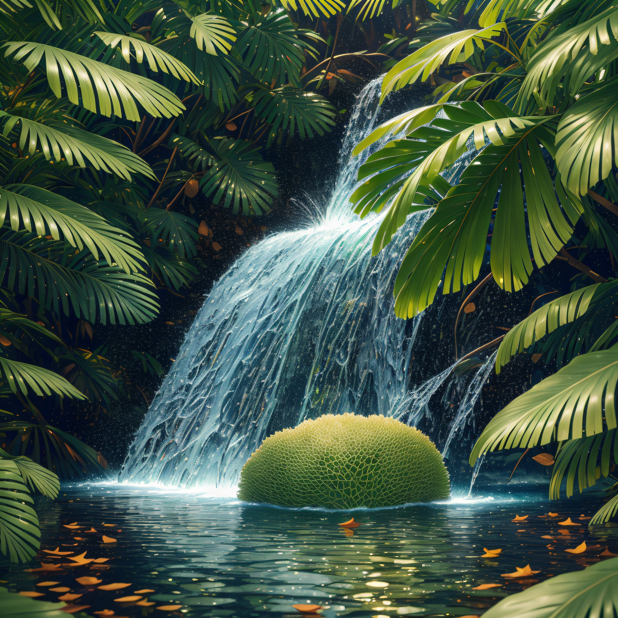 (extremely detailed CG unity 8k wallpaper,masterpiece, best quality, ultra-detailed),(best illumination, best shadow, an extremely delicate and beautiful),Jackfruit,high saturation,colorful texture,fruitful,vibrant,sparkling drops of water,depth of field,vibrant leaves and branches, Volumetric light.
