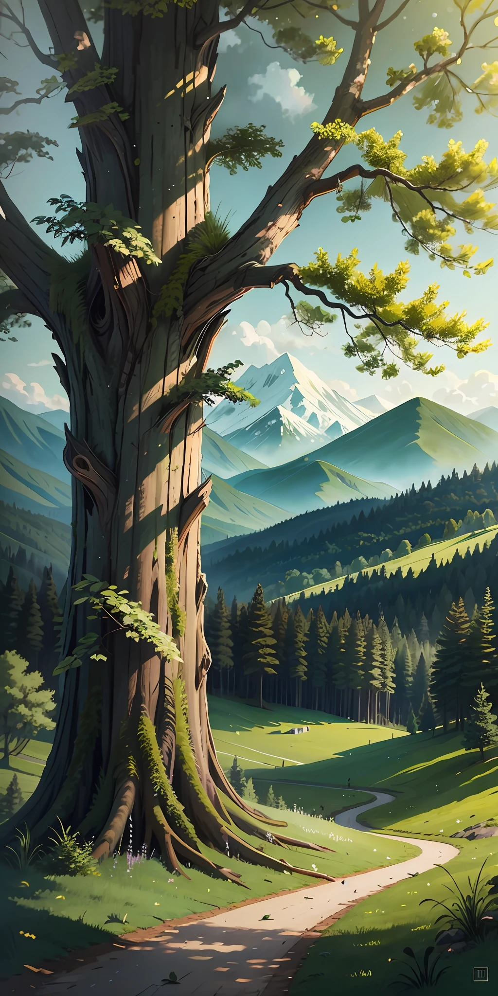 The painting depicts nature in its pristine beauty. In the foreground we see green grass that gently sways in the wind. In the distance you can see mountains covered with snow. The sky is blue and clear, there is not a cloud on it. In the background, you can see a forest that seems endless. The trees are tall and slender, their leaves are bright green. In the forest, you can hear the singing of birds and the rustle of leaves. The picture creates a sense of calm and harmony. It reminds us that nature can be beautiful and majestic, even if it is not always obvious to us.