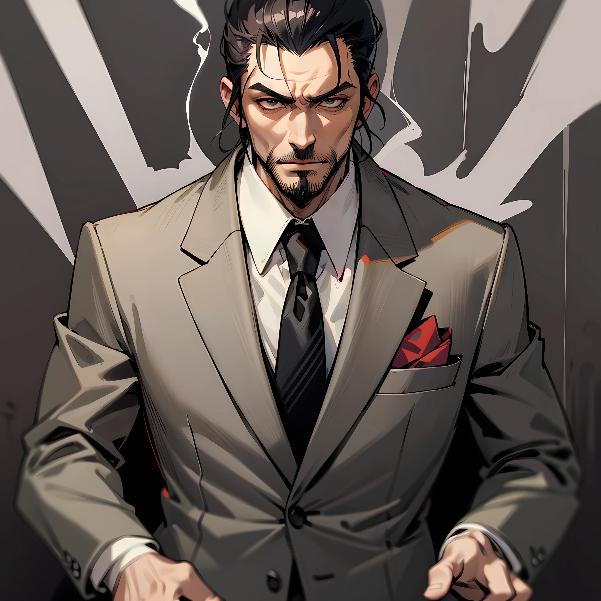 yakuza, kiryu, dark comic art, dark, dark, dark background,suit,business suit,smokie,tuxedo,smoking a cigarette --auto --s2