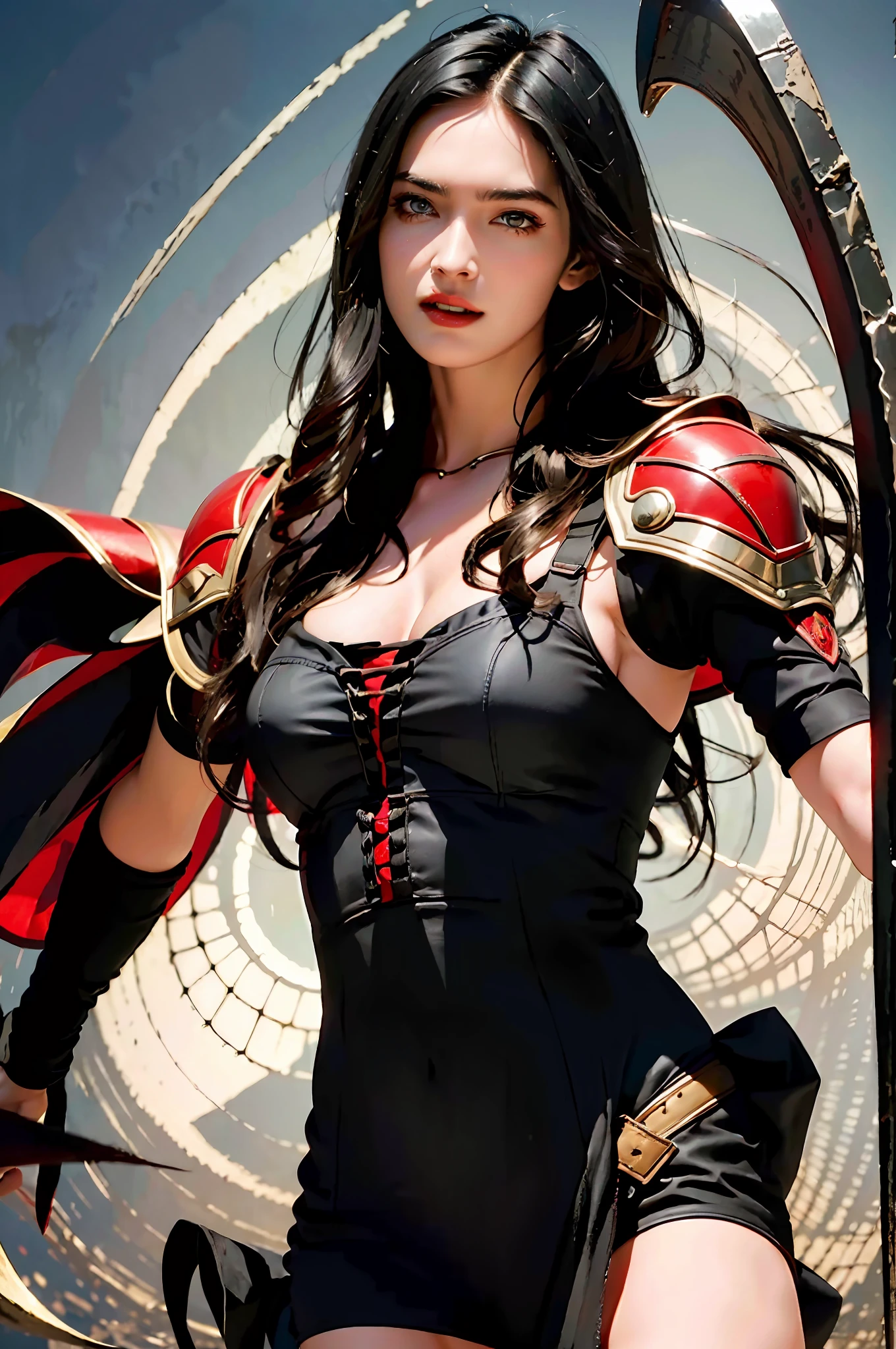 masterpiece, best quality, 1girl, wavy black hair, vampire tooth, armor with fabrics, dynamic pose, dynamic angle, holding sickle, burning background