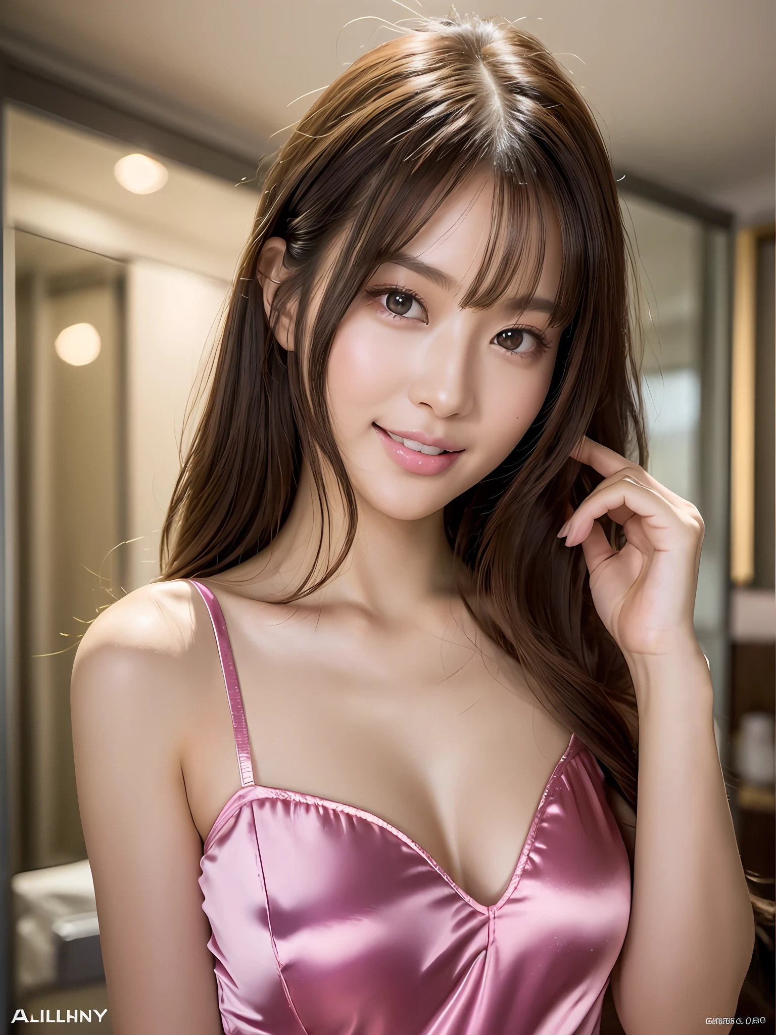 masterpiece, 1 woman per 1photo, upper body shot, diagonally front view, a Japanese young pretty woman, hyper pretty face, 18 years old, glamorous figure, glossy lips, looking at a mirror and combing her hair with a hair brush in her room, wearing a shiny satin pink pajama top, wearing a shiny satin white string panty, big smile, double eyelids in both eyes, natural makeup, long eyelashes, shiny smooth light brown hair of medium length, asymmetrical bangs, tanned skin, head in the frame, central image, 8K resolution, high detail, detailed hairstyle, Detailed Face, spectacular cinematic lighting, octane rendering, vibrant, hyper realistic, perfect limbs, perfect anatomy