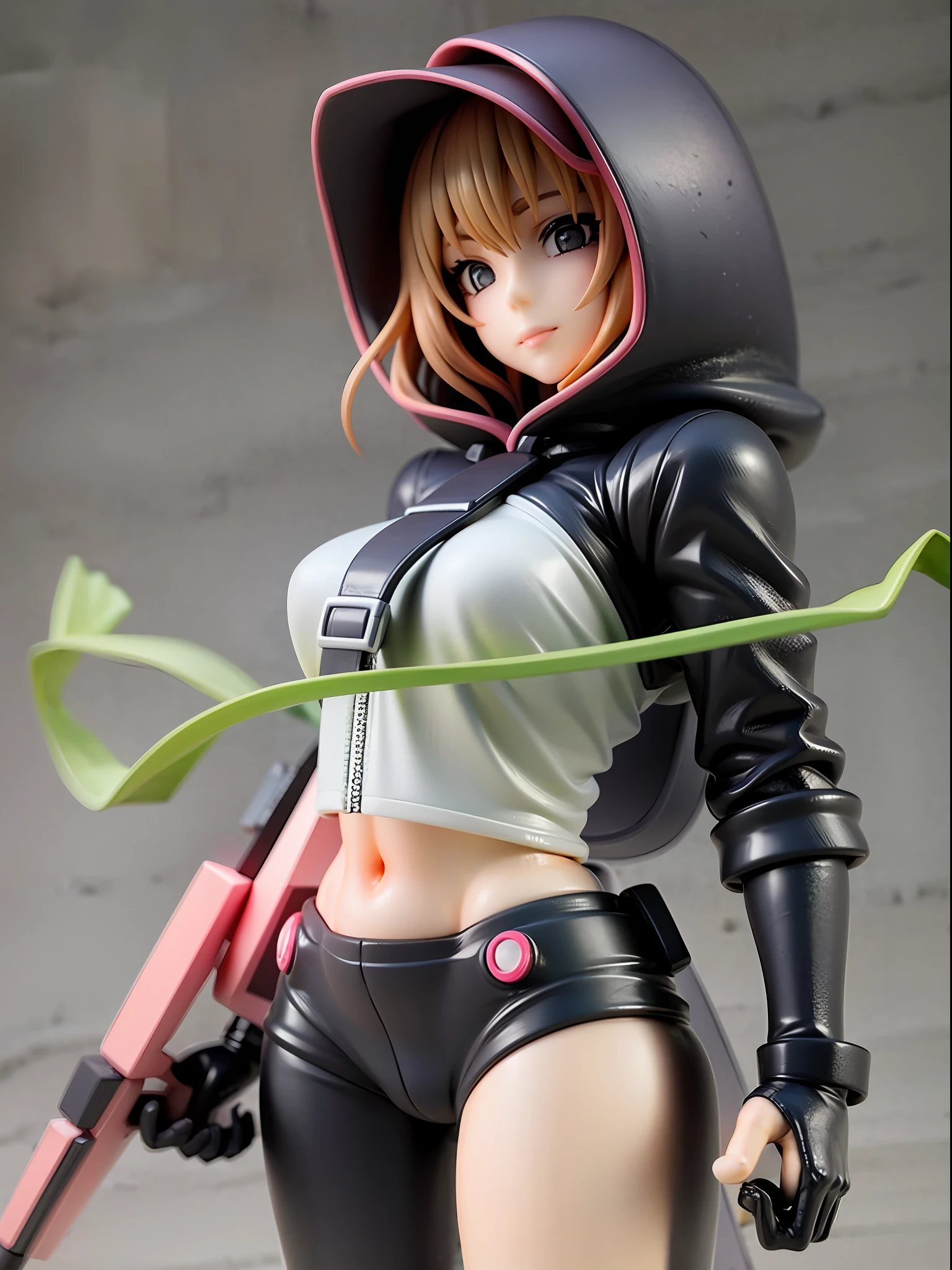 Girl, wearing a hood, neon color, holding a mysterious huge weapon, machine, white background, no background