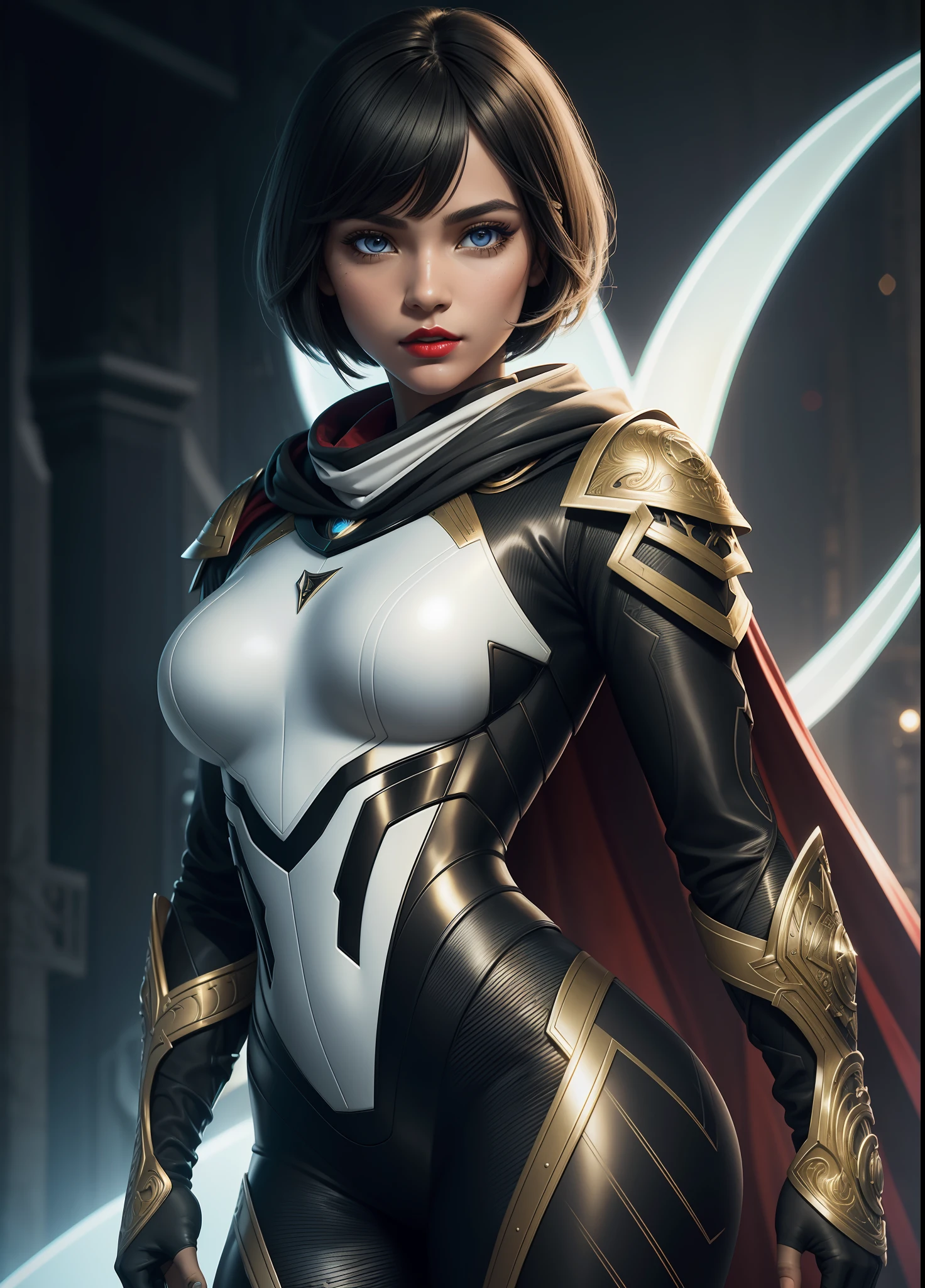 (Masterpiece) realistic bust to the below the pelves of a beauty hyperrealist & photorealist beauty young astonishing anime Valkyrie girl in highly & extremely detailed black & white futuristic combat plugsuit body with cape & scarf (masterpiece), magic & incantation glowing flying surrounded her, Unity 8k, pearly perfect tanned wet skin with pores (short bob cut hair with colorful bangs fringes) ((perfect face shapes, complete perfect red lips, perfect nose, correct beautiful eyes, eyelashes, detailed intricate iris textured face in ZBrush)), full HD vines, midnight aura, BLOODBOURNE aesthetic, developed by Unreal Engine 5, Ultra Sharp Focus, Art by Alberto Seveso, Sci-Fi, vibrant & intricate Artwork, golden Ratio, epic, HR Giger STYLE