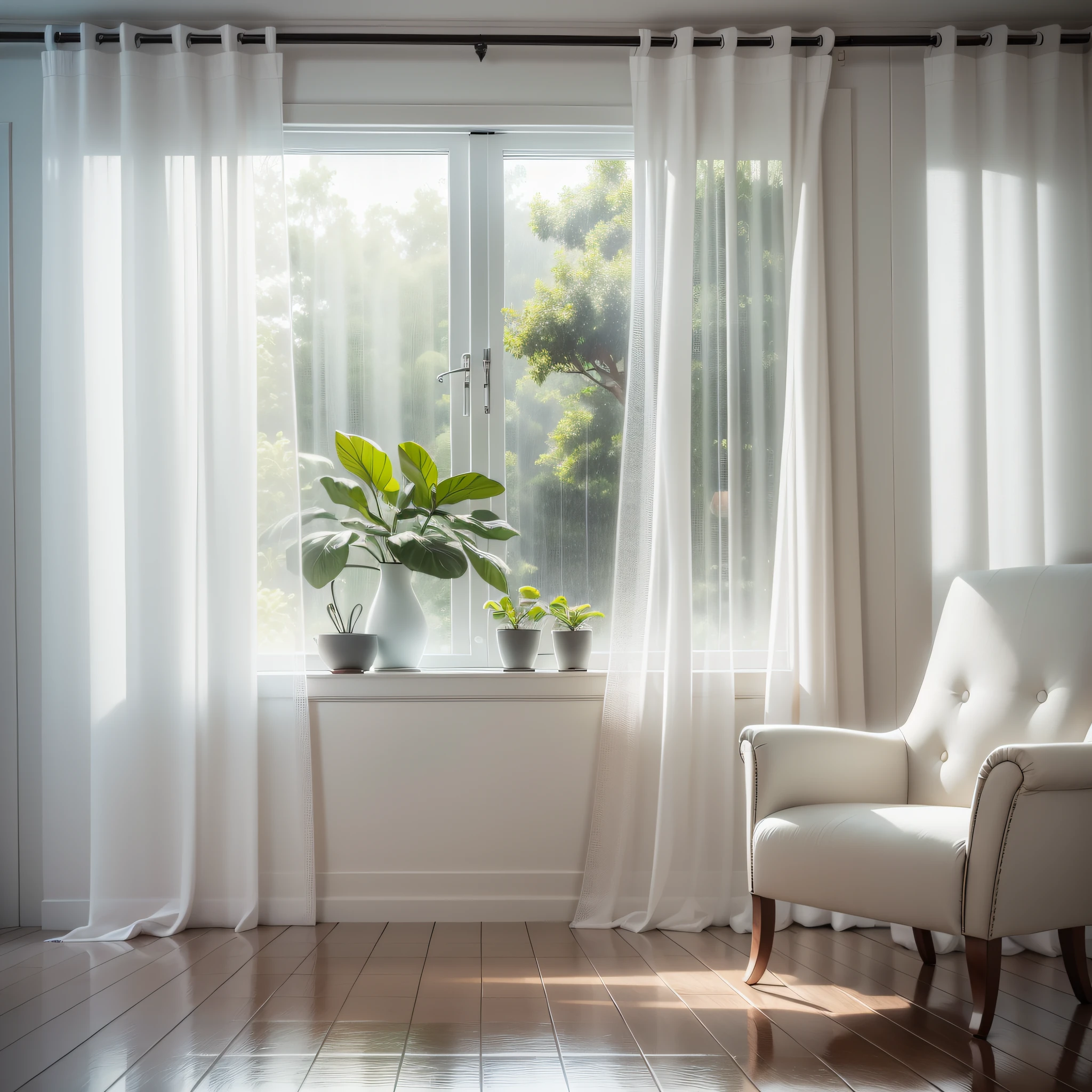 white room with table beside window, white curtain, rainy season, waterdrop on window mirror, detail realistic, realistic, 16:9 ratio, 4k resolution --auto --s2