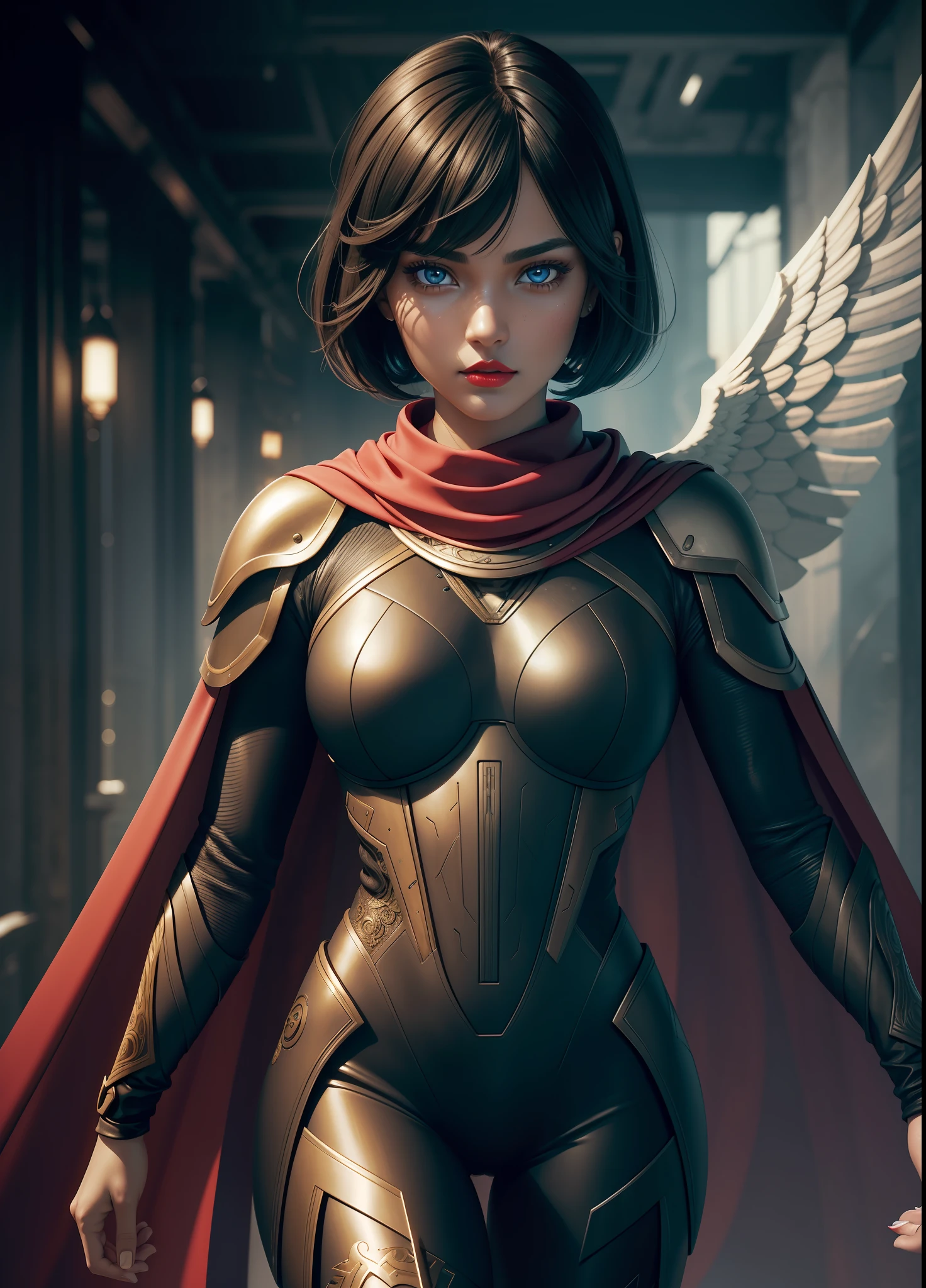 (Masterpiece) realistic bust to the below the pelves of a beauty hyperrealist & photorealist beauty young astonishing anime Valkyrie girl in highly & extremely detailed black & white futuristic combat plugsuit body with cape & scarf (masterpiece), magic & incantation glowing flying surrounded her, Unity 8k, pearly perfect tanned wet skin with pores (short bob cut hair with colorful bangs fringes) ((perfect face shapes, complete perfect red lips, perfect nose, correct beautiful eyes, eyelashes, detailed intricate iris textured face in ZBrush)), full HD vines, midnight aura, BLOODBOURNE aesthetic, developed by Unreal Engine 5, Ultra Sharp Focus, Art by Alberto Seveso, Sci-Fi, vibrant & intricate Artwork, golden Ratio, epic, HR Giger STYLE