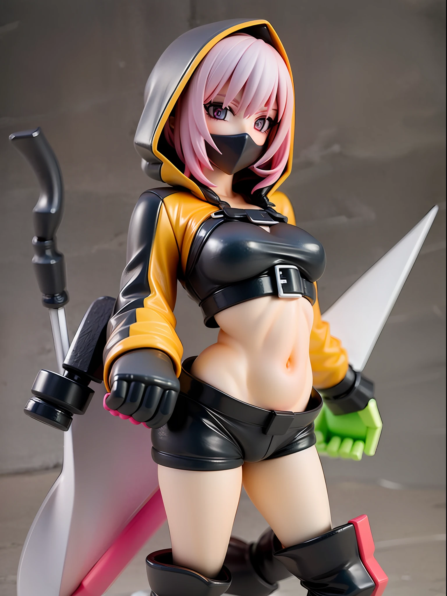 Girl, wearing a hood, neon color, holding a mysterious huge weapon, machine, white background, no background