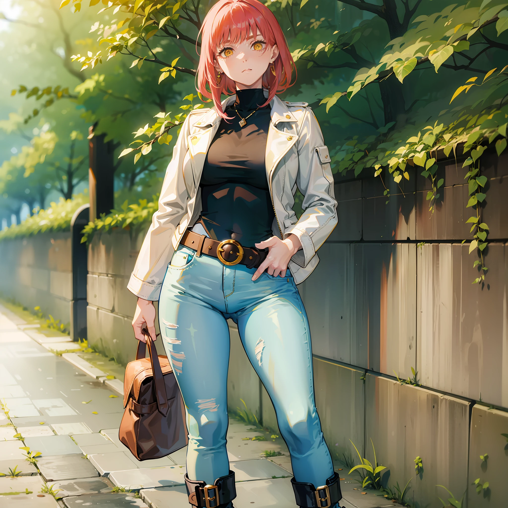 Makima, tight jeans, basic white shirt, earth-tone leather jacket, high heeled ankle boots, wide belt, leaf-shaped buckle, drop-shaped earrings, minimalist bag, straight face, sexy