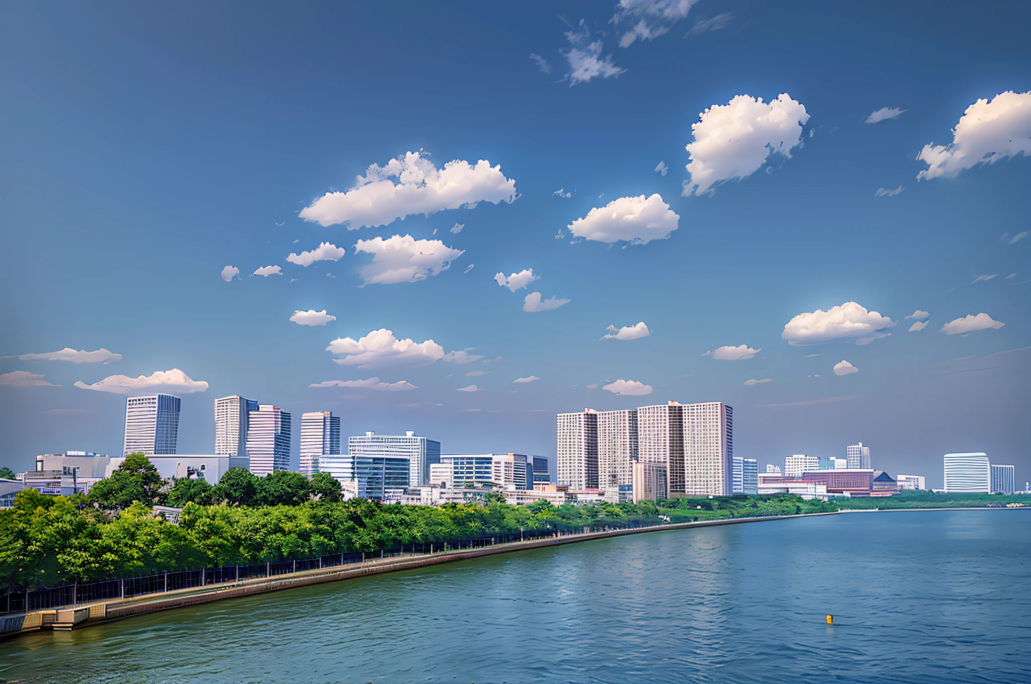 there is a large body of water with a city in the background, building along a river, residential area, wide angle river, sky line, osaka skyline background, tokyo city in the background, beautiful iwakura, from the distance, skyline, surrounding the city, tokyo in the background, skyline showing, chiba prefecture