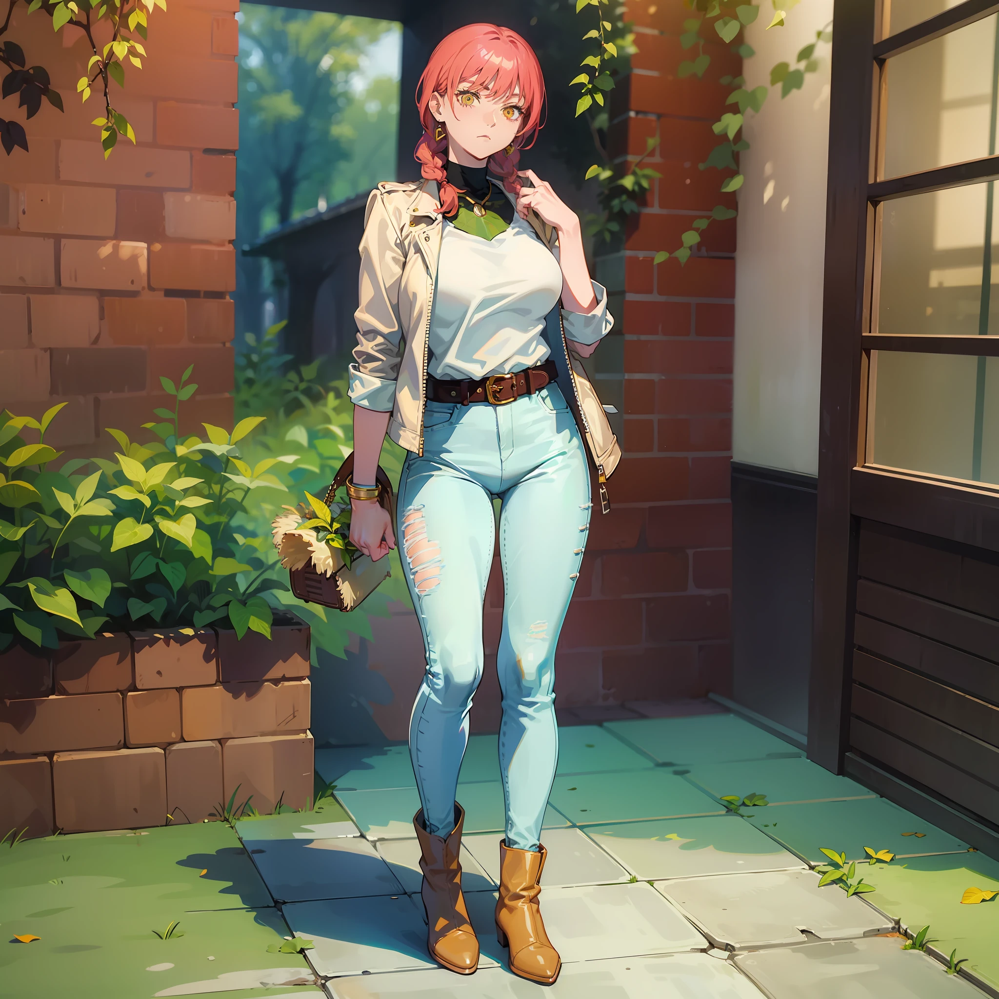 Makima, tight jeans, basic white shirt, earth-tone leather jacket, high heeled ankle boots, wide belt, leaf-shaped buckle, drop-shaped earrings, minimalist bag, straight face, sexy