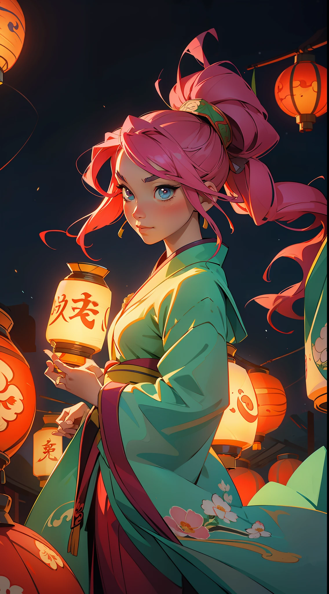 (masterpiece), best quality, ultra-high resolution, vividly colored, traditional Chinese painting-style illustration of a stunning anime waifu in a beautiful night scene during the lantern festival, surrounded by lanterns and illuminated by their soft warm glow.