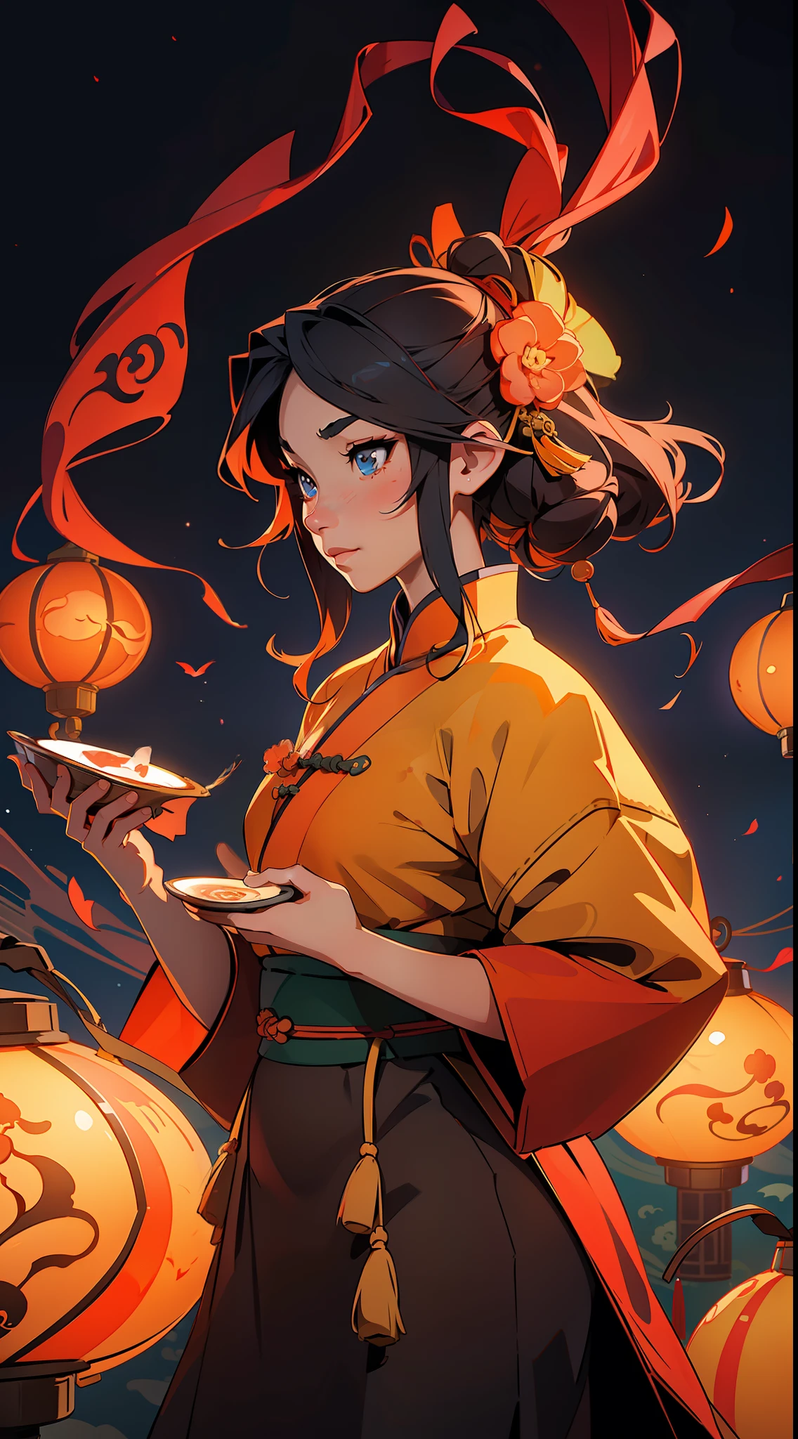 (masterpiece), best quality, ultra-high resolution, vividly colored, traditional Chinese painting-style illustration of a stunning anime waifu in a beautiful night scene during the lantern festival, surrounded by lanterns and illuminated by their soft warm glow.