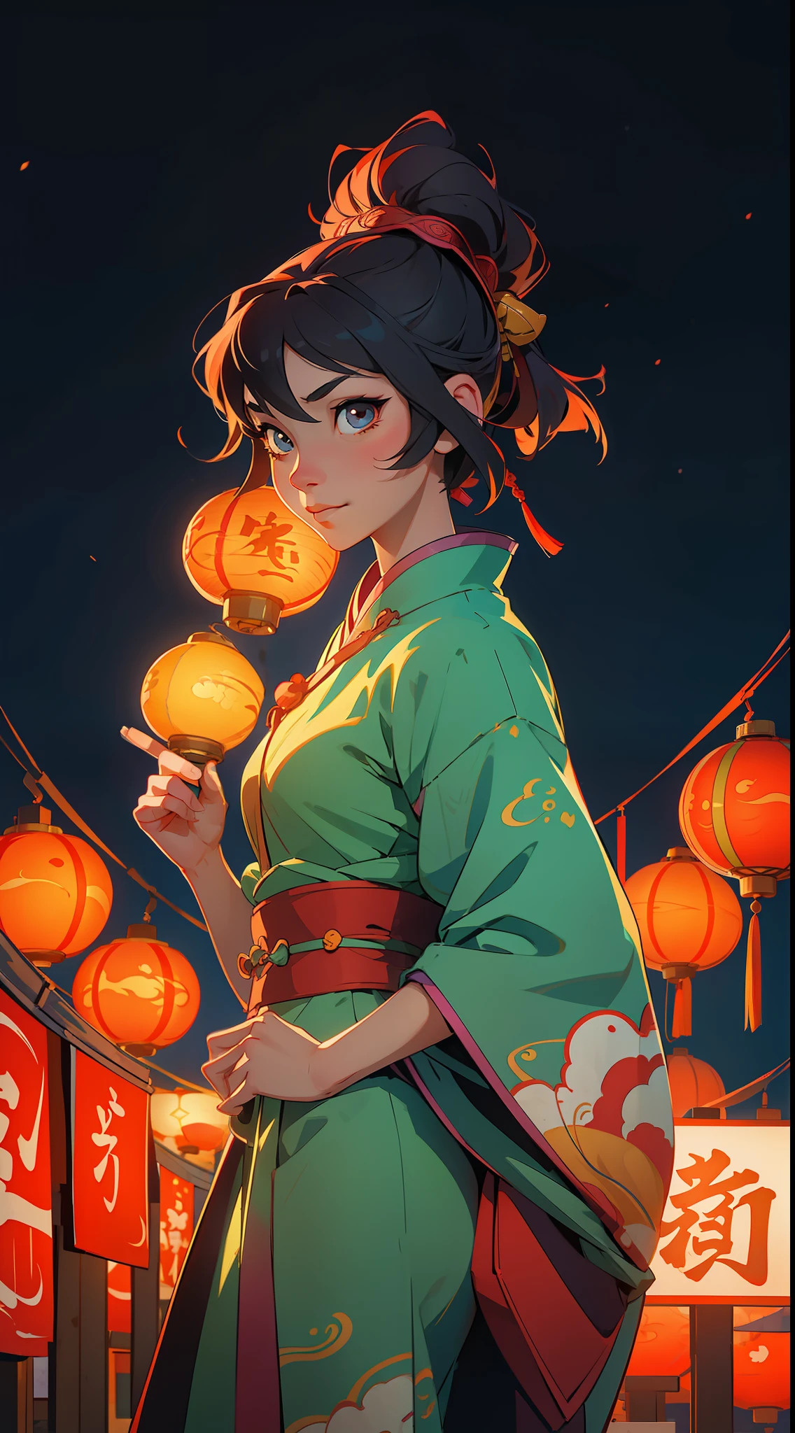 (masterpiece), best quality, ultra-high resolution, vividly colored, traditional Chinese painting-style illustration of a stunning anime waifu in a beautiful night scene during the lantern festival, surrounded by lanterns and illuminated by their soft warm glow.