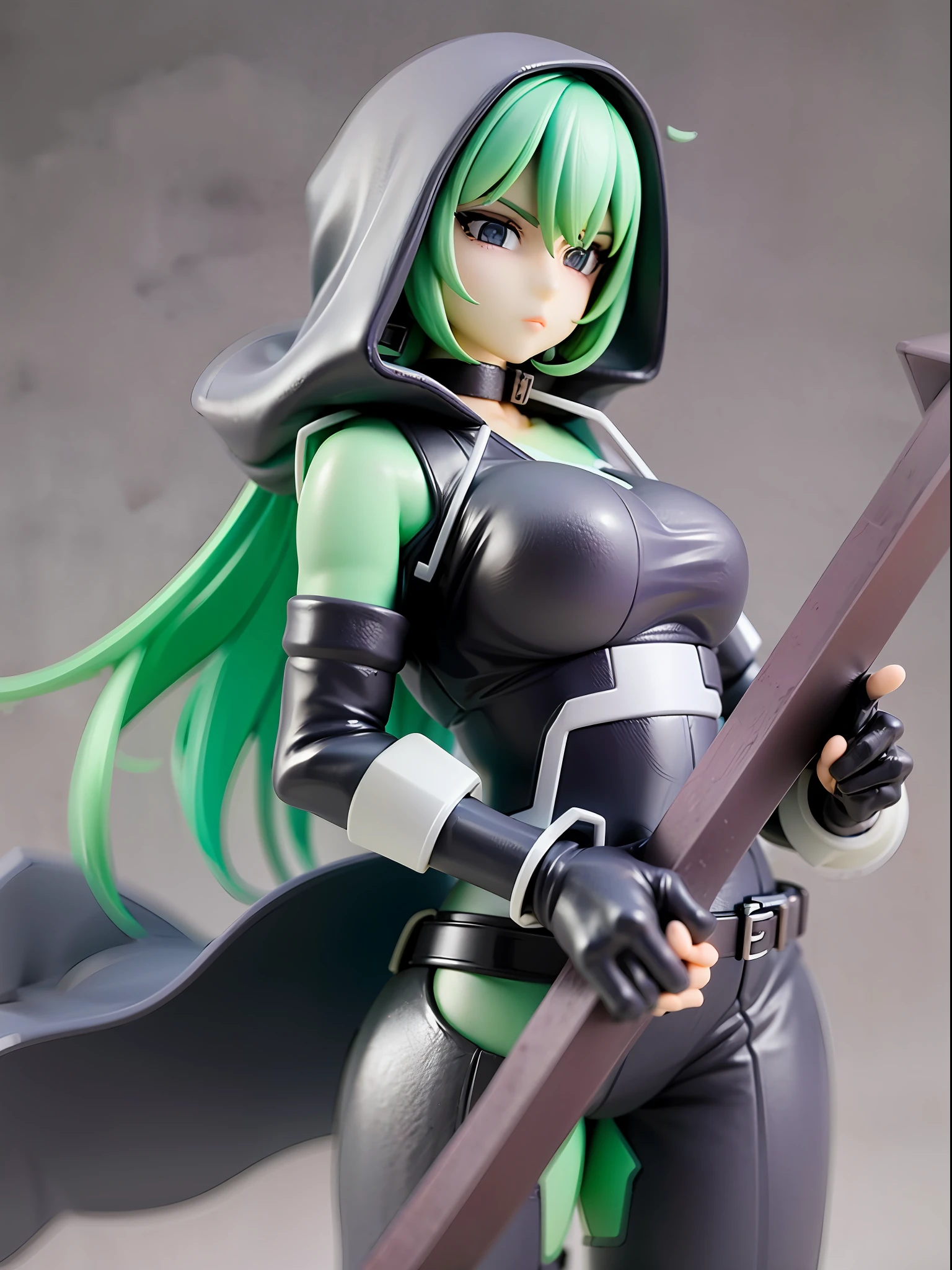 Girl, wearing a hood, neon color, holding a mysterious huge weapon, machine, white background, no background