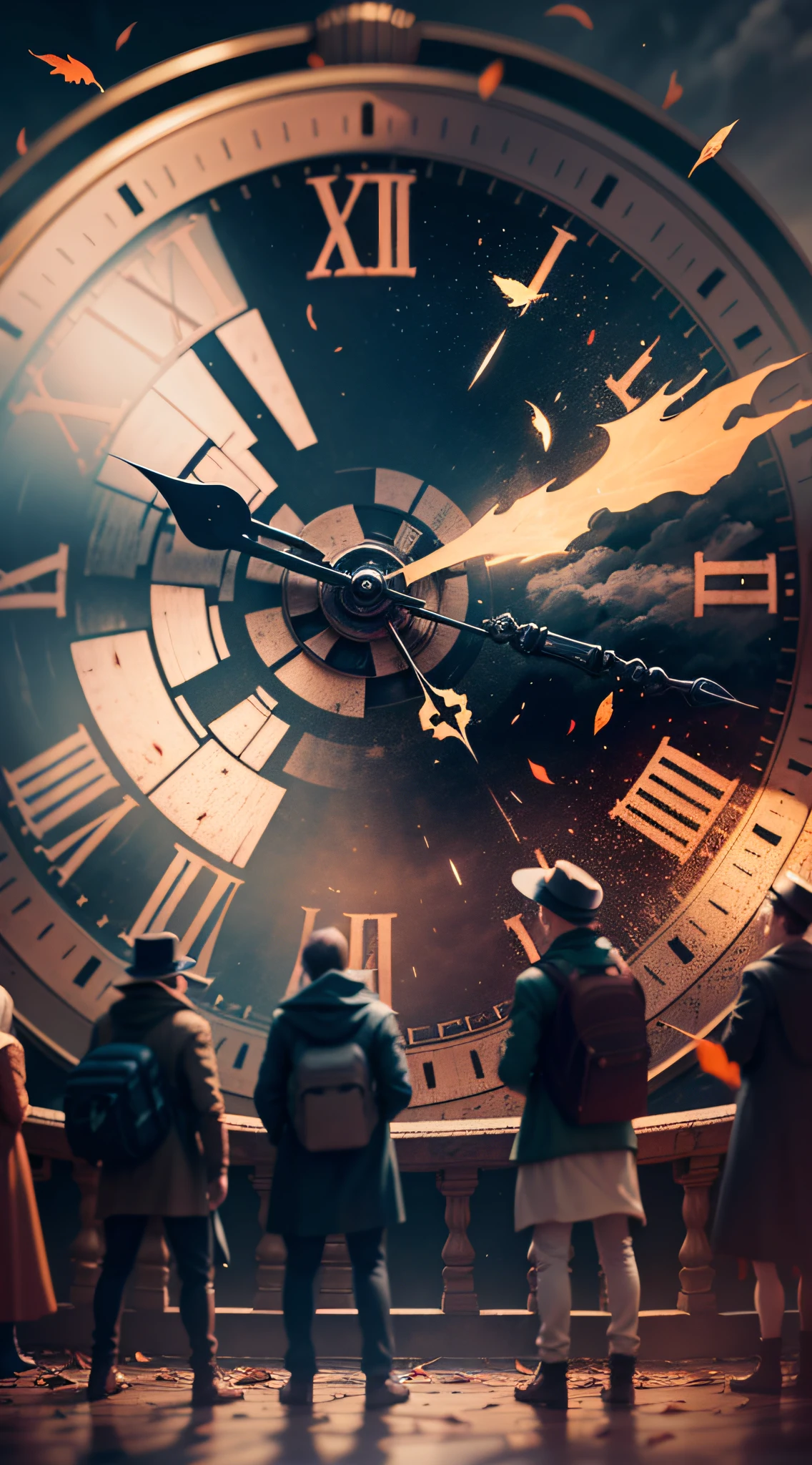Antique clock in the hands of a time keeper in an apocalyptic scenario, wear and tear on people, showing the relentless passage of time, with cracks in the face of the clock, floating dust, twilight and charged clouds, dry leaves flying through the air, realistic photo, detailed photo, 3d rendering, vivid and bright colors, realistic image, 12k image, 8k, full photo without head or body cut --auto --s2