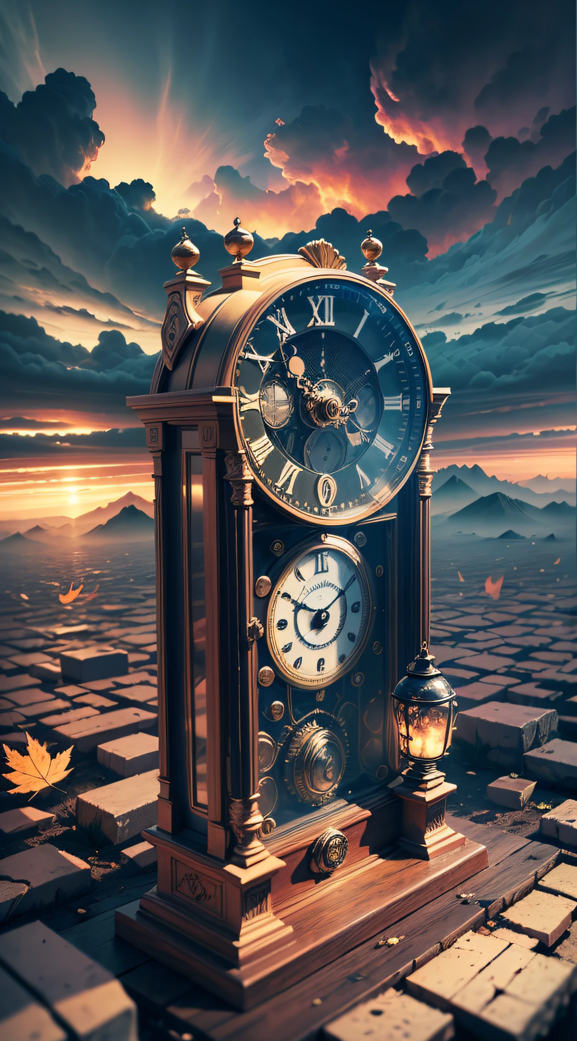 Antique clock in the hands of a time keeper in an apocalyptic scenario, wear and tear on people, showing the relentless passage of time, with cracks in the face of the clock, floating dust, twilight and charged clouds, dry leaves flying through the air, realistic photo, detailed photo, 3d rendering, vivid and bright colors, realistic image, 12k image, 8k, full photo without head or body cut --auto --s2