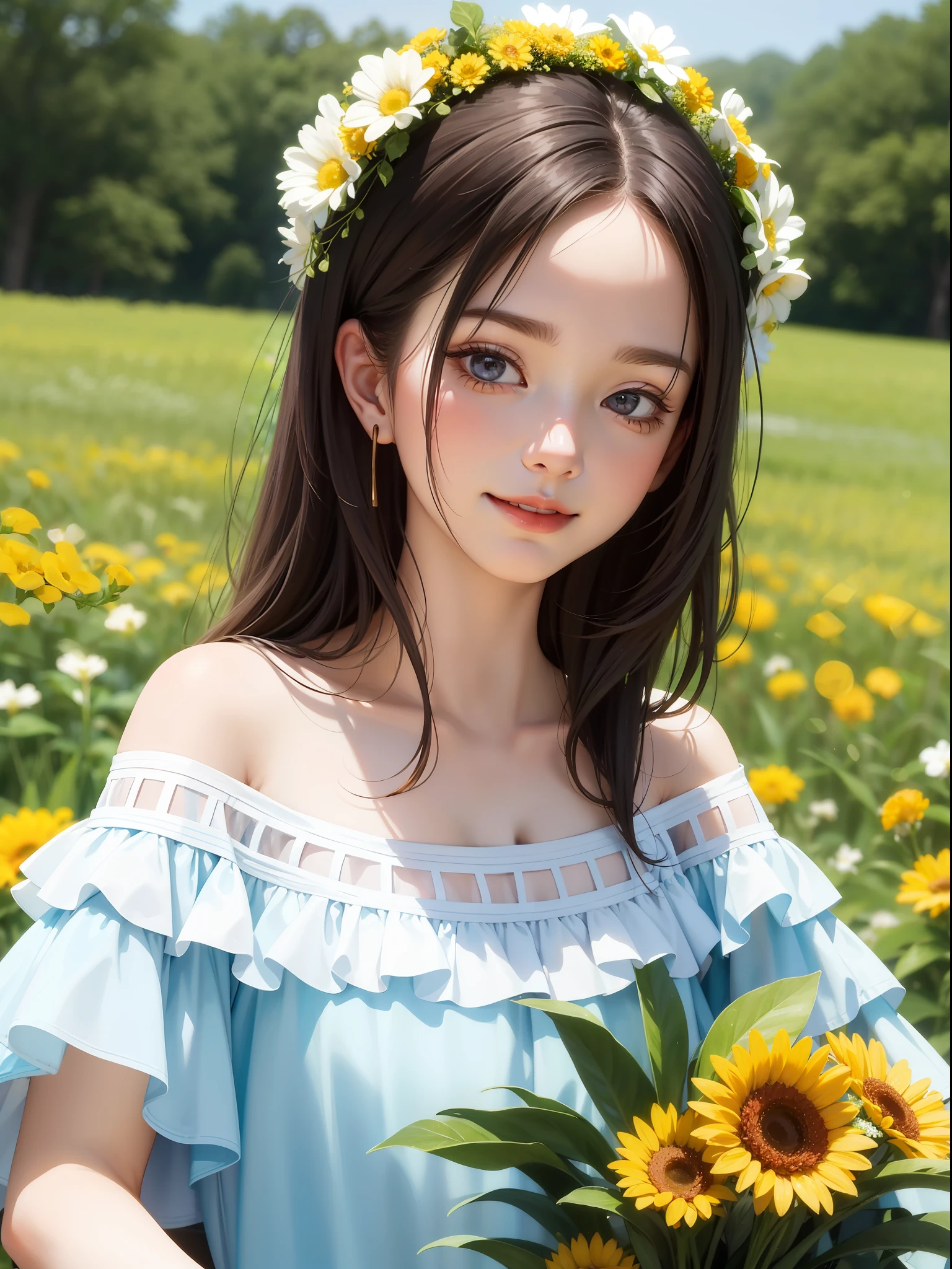 HD, depth of field, summer, smaller head, sideways, brunette hair, smile, anime, food, off-the-shoulder, wild, surrounded by colorful flowers and plants