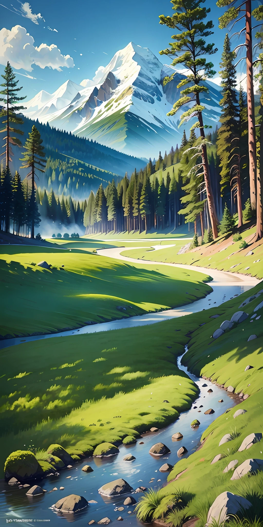 The painting depicts nature in its pristine beauty. In the foreground we see green grass that gently sways in the wind. In the distance you can see mountains covered with snow. The sky is blue and clear, there is not a cloud on it. In the background, you can see a forest that seems endless. The trees are tall and slender, their leaves are bright green. In the forest, you can hear the singing of birds and the rustle of leaves. The picture creates a sense of calm and harmony. It reminds us that nature can be beautiful and majestic, even if it is not always obvious to us.