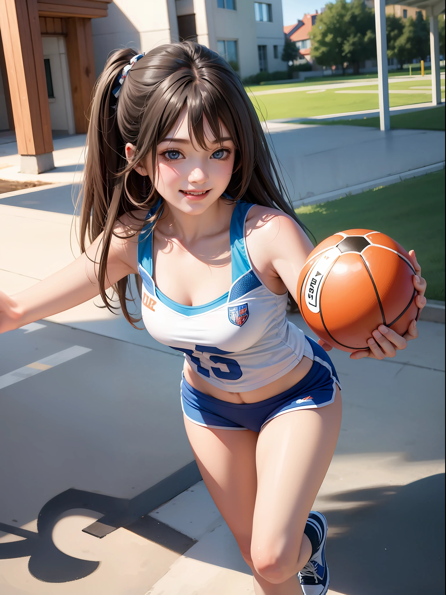 HD, depth of field, summer, full body portrait, brunette hair, smile, anime, jersey, ball, campus