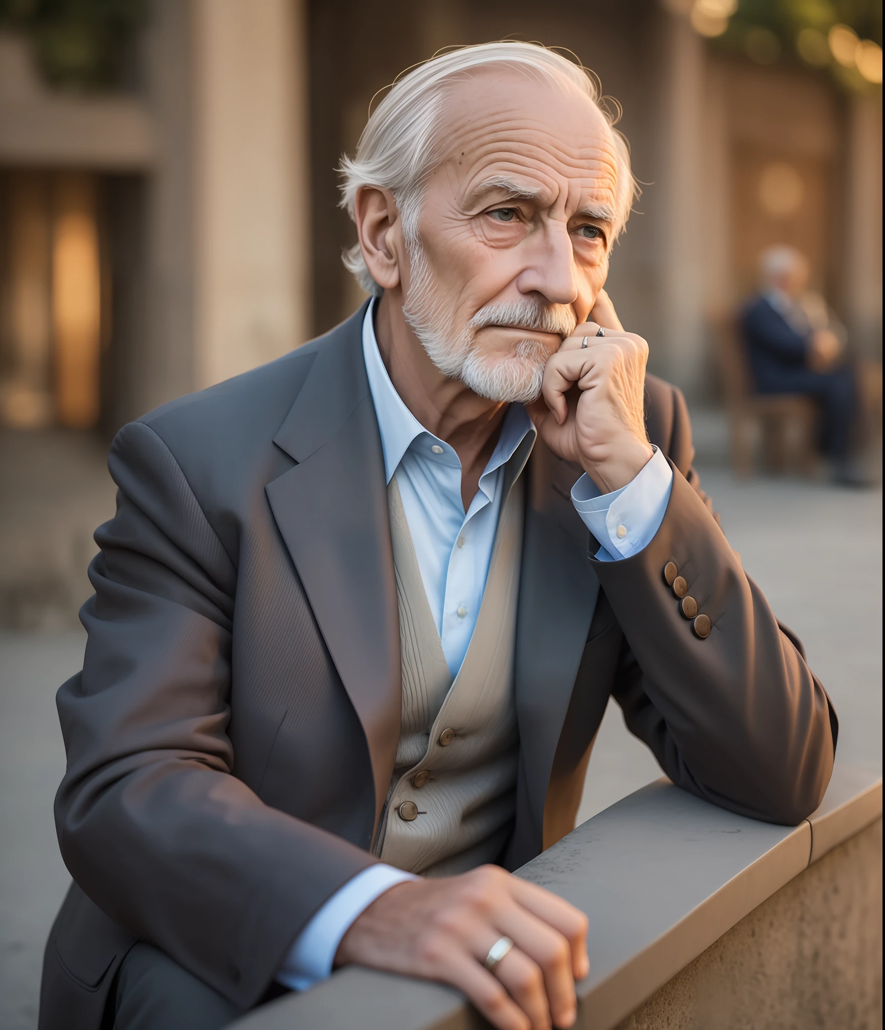 a gentleman sitting in a square, aged face, wrinkles, thoughtful countenance, photography style, FHD, 4k, dusk, 3:2 --auto --s2