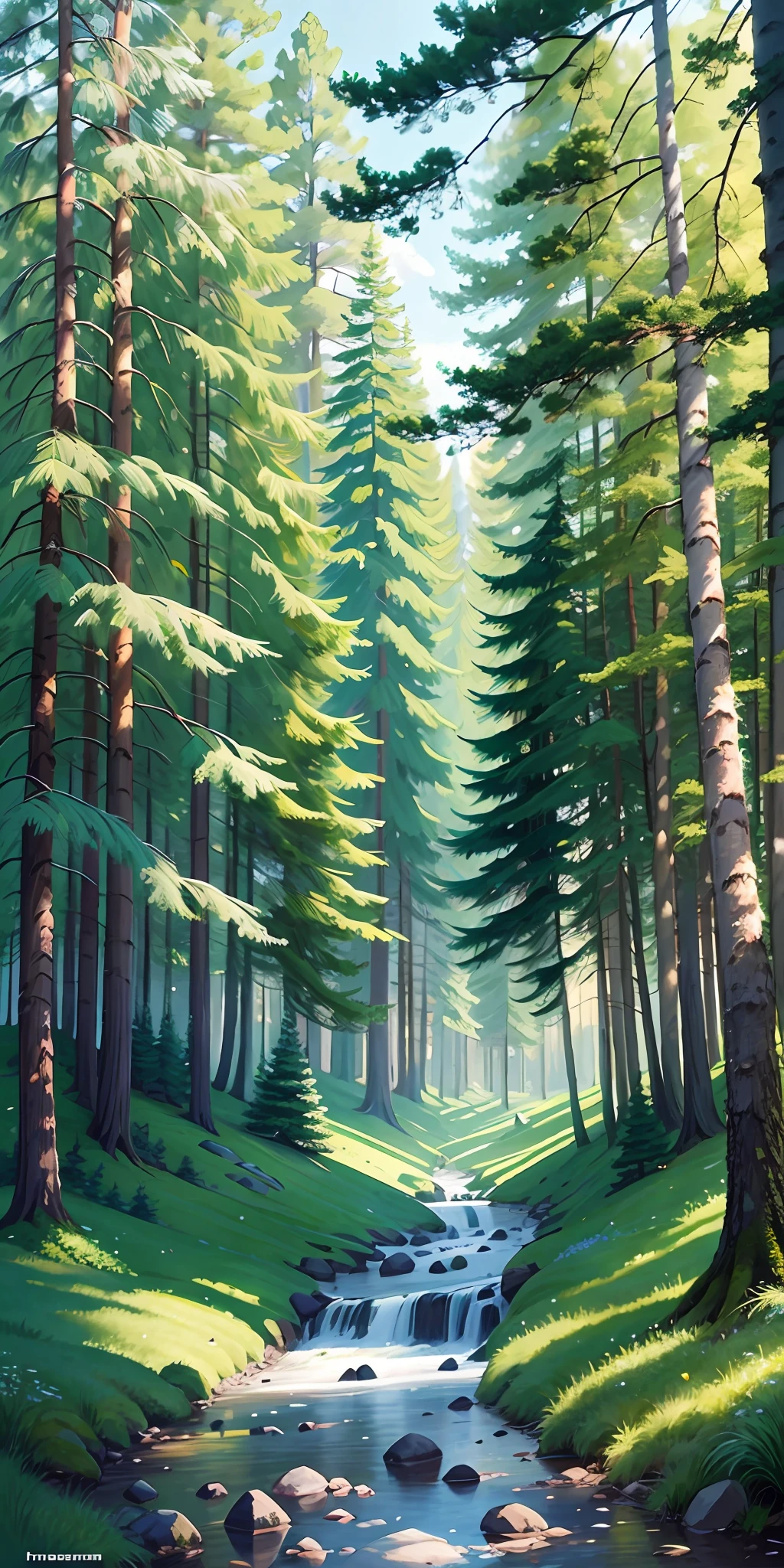 Painting of a stream running through a forest with trees and rocks ...