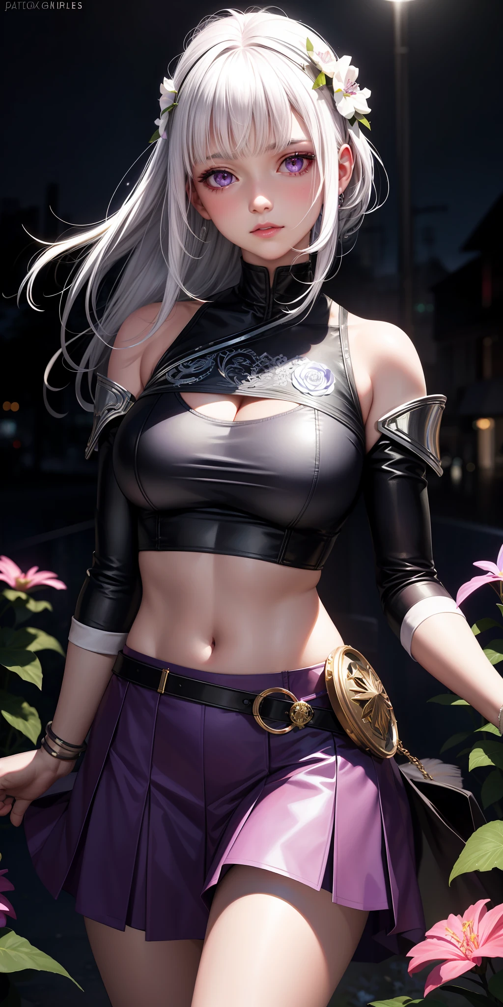 realistic, 1girl, white hair, purple eyes, glowing eyes, crop top, skirt, parted lips, blush, night, flowers, sun, sunlight,