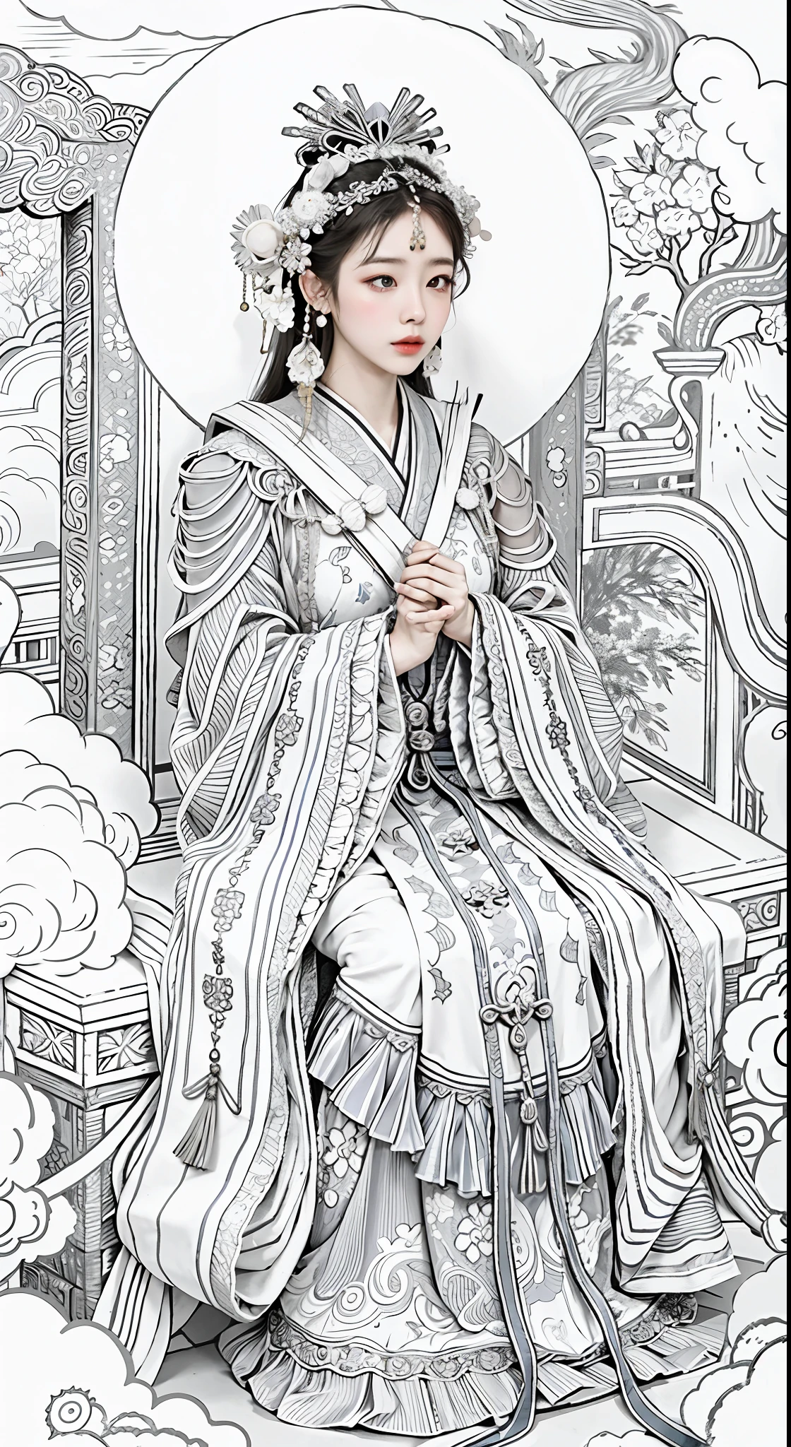 The woman in Hanfu plays in the soft clouds, and the realistic rendering makes her feel as if she is real, this woman is the empress or Guanyin of ancient China, or the beautiful image of classical beauty like the mural of Yongle Palace. Delicate headdresses, delicate earrings, --auto --s2