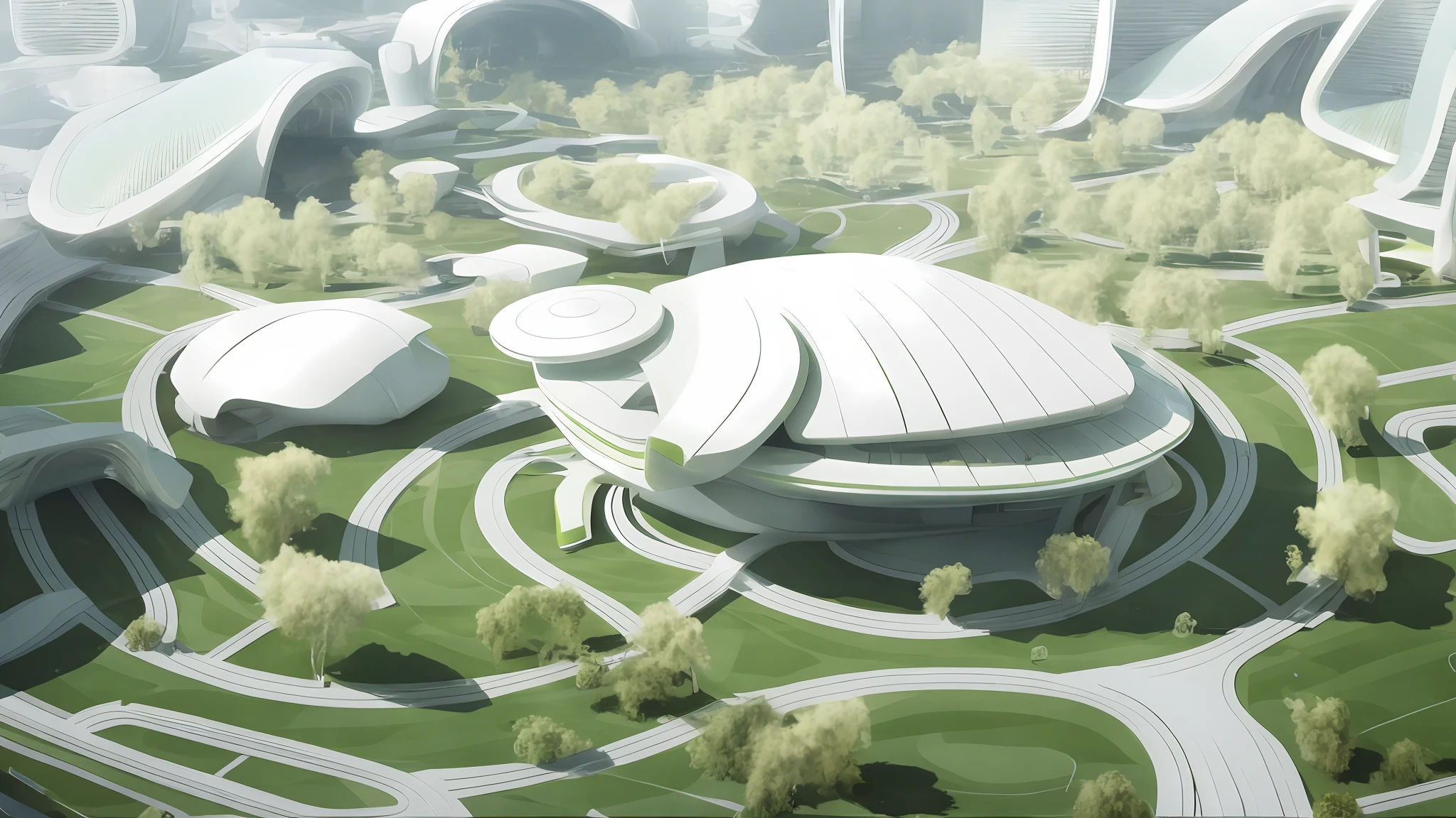 There is a large white building with a circular roof and green lawns, inspired by Zha Shibiao, by Zha Shibiao, Zaha Hadid architecture, Zaha Hadid style architecture, alien architecture, futuristic architectural art, Zaha Hadid architects, futuristic utopian architecture, huge futuristic architecture, futuristic architecture, portal. Zaha Hadid, the real texture of the building material, the realism of the tree, the realism of the surrounding buildings,