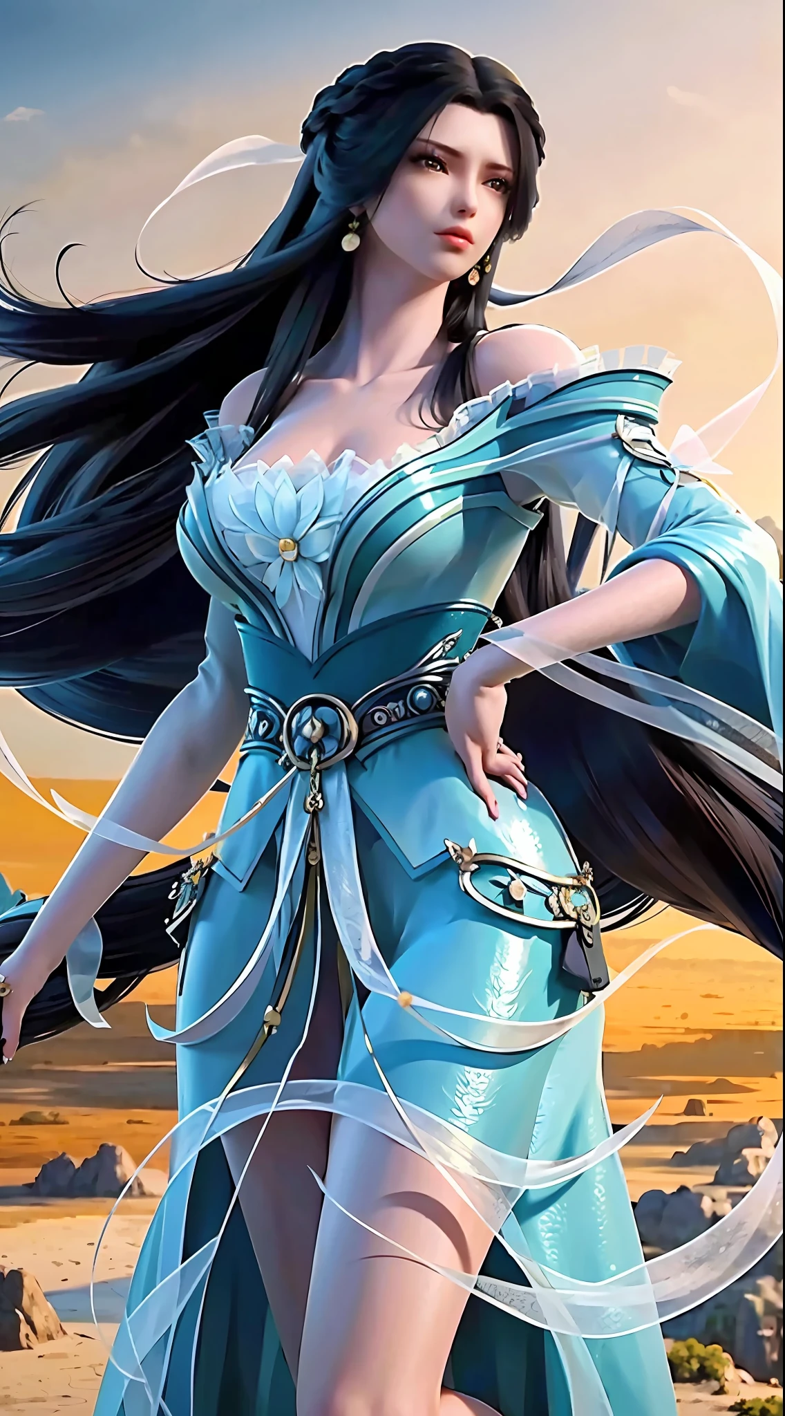 masterpiece,best quality,1girl, black hair, bare shoulders, long hair, dress,cowboy shot, dynamic pose, dynamic angle,