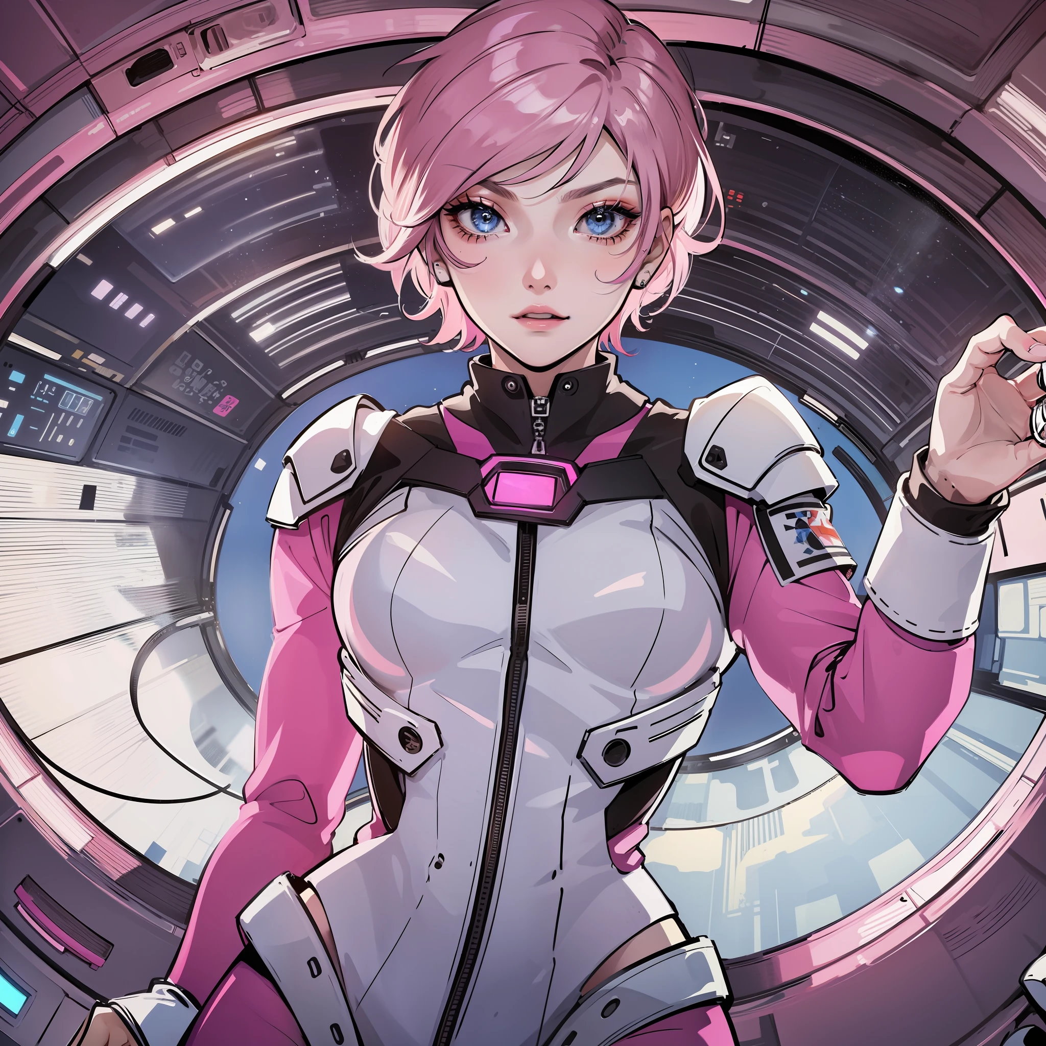 Adult woman in pink spacesuit, short pixie hair wet brown, sky blue eyes, blurry makeup, stepping out of a spaceship. Best quality, high detail, high contrast, colorful, detailed costume, illuminated