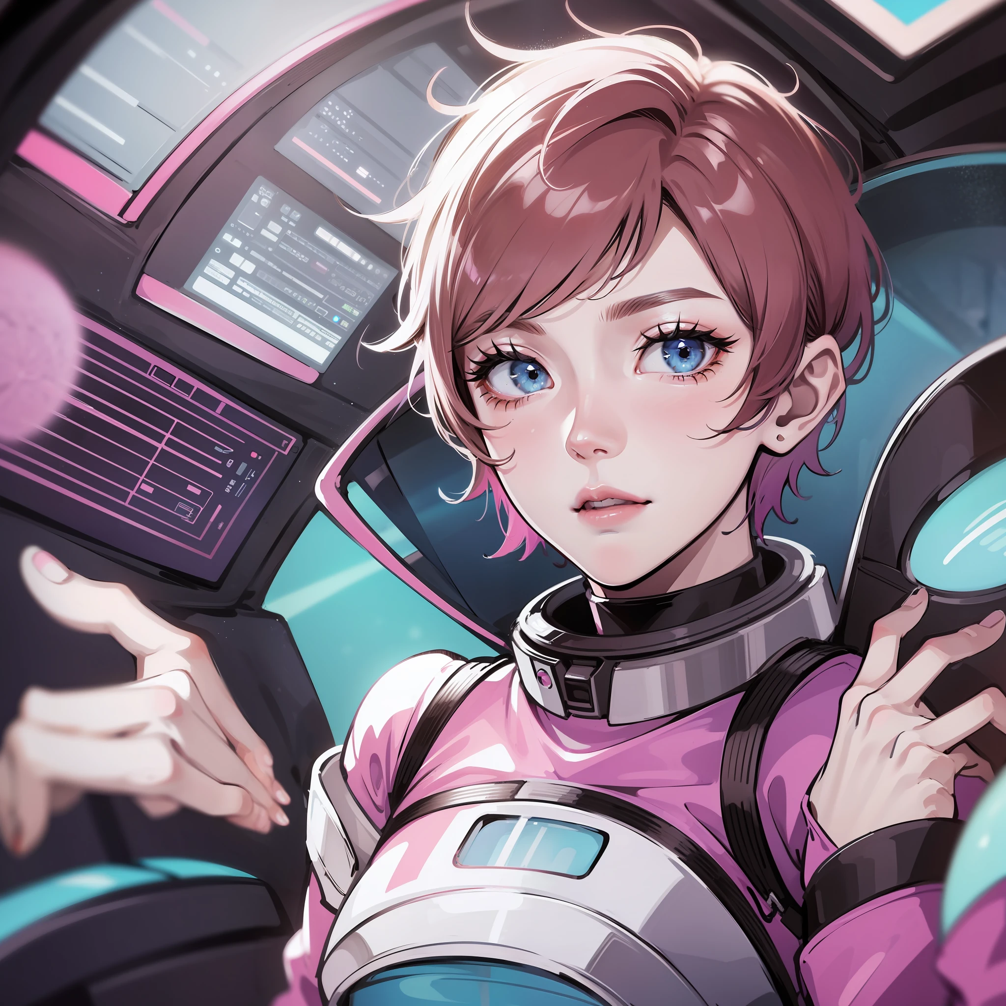 Adult woman in pink spacesuit, short pixie hair wet brown, sky blue eyes, blurry makeup, stepping out of a spaceship. Best quality, high detail, high contrast, colorful, detailed costume, illuminated