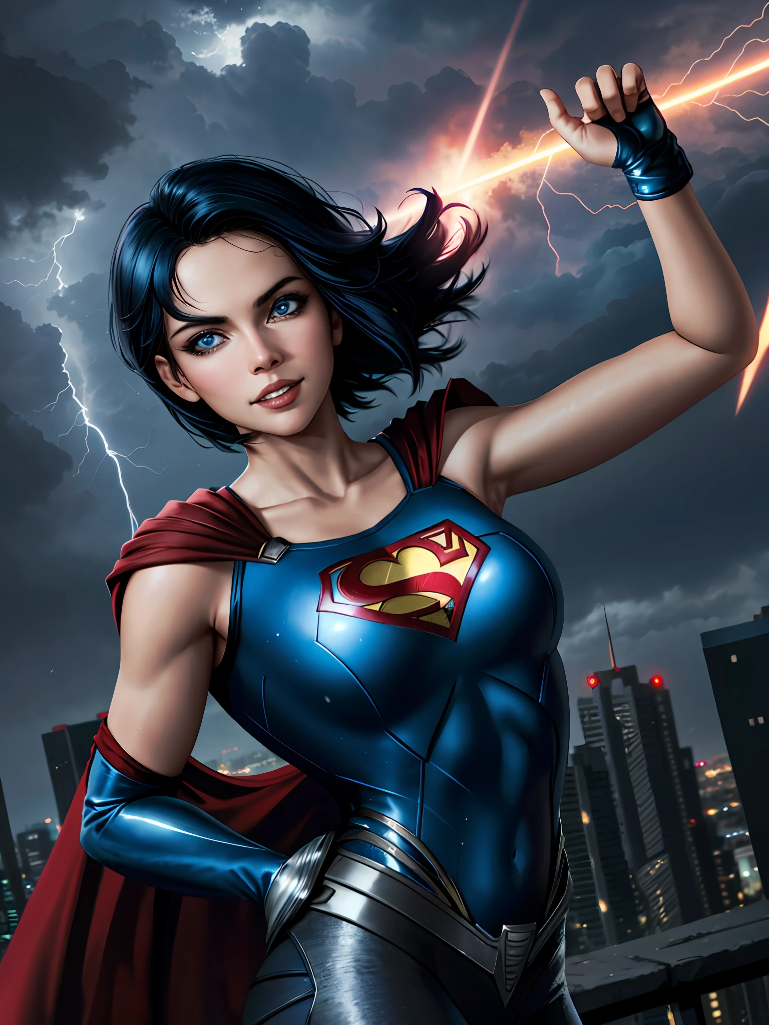 lady girl in superman costume flying in the sky, short black hair, red cape, bright blue eyes, arms up, storm, dark clouds, lightning, night, lightning, rain, particles