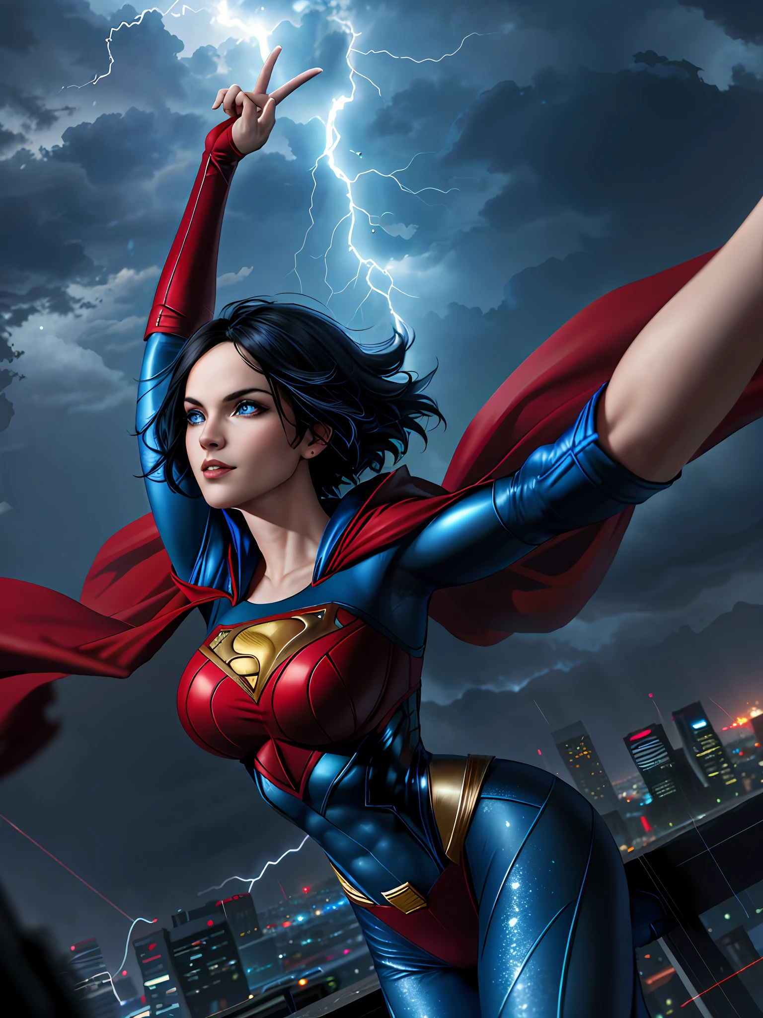 lady girl in superman costume flying in the sky, short black hair, red cape, bright blue eyes, arms up, storm, dark clouds, lightning, night, lightning, rain, particles