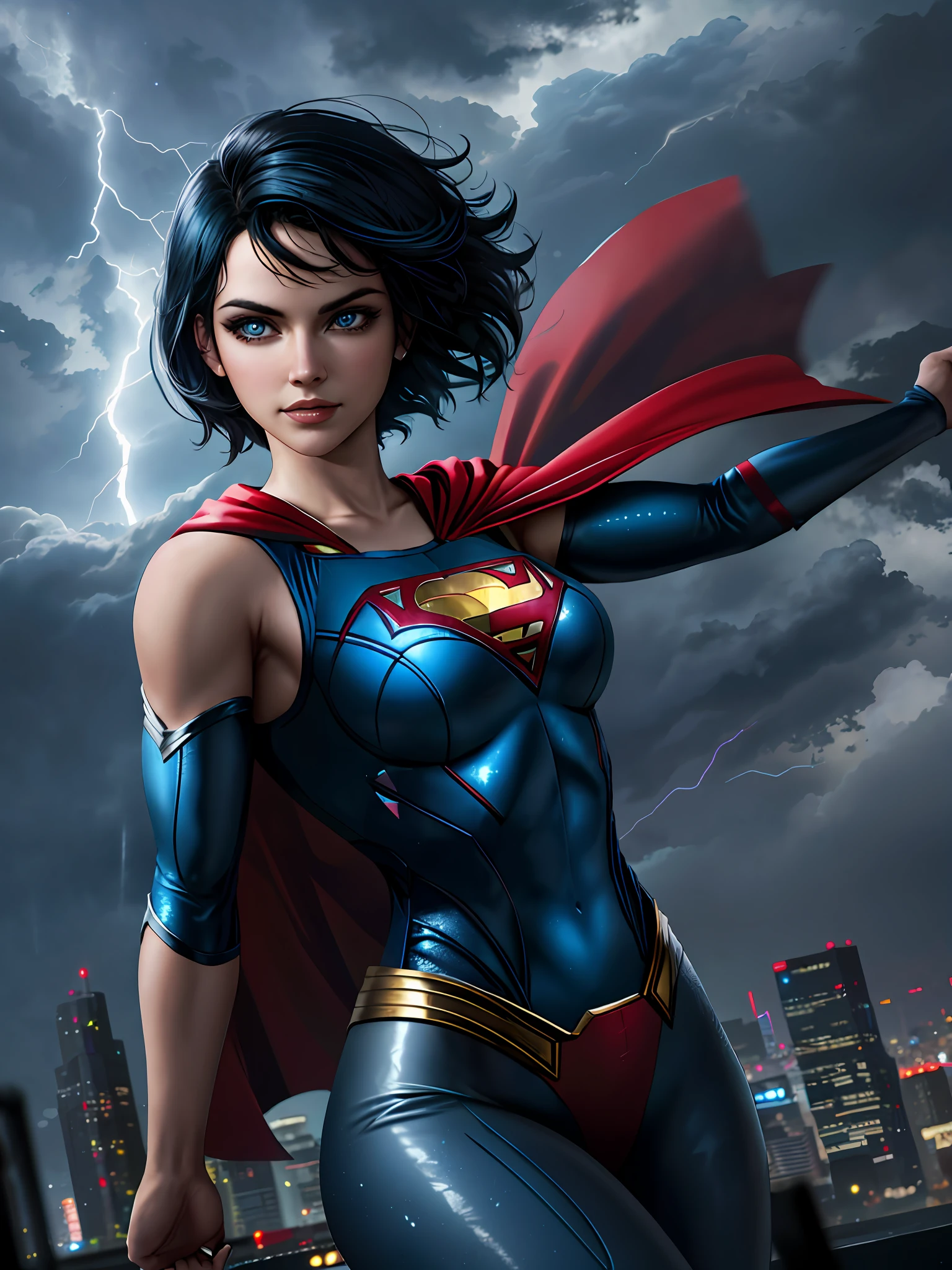 lady girl in superman costume flying in the sky, short black hair, red cape, bright blue eyes, arms up, storm, dark clouds, lightning, night, lightning, rain, particles