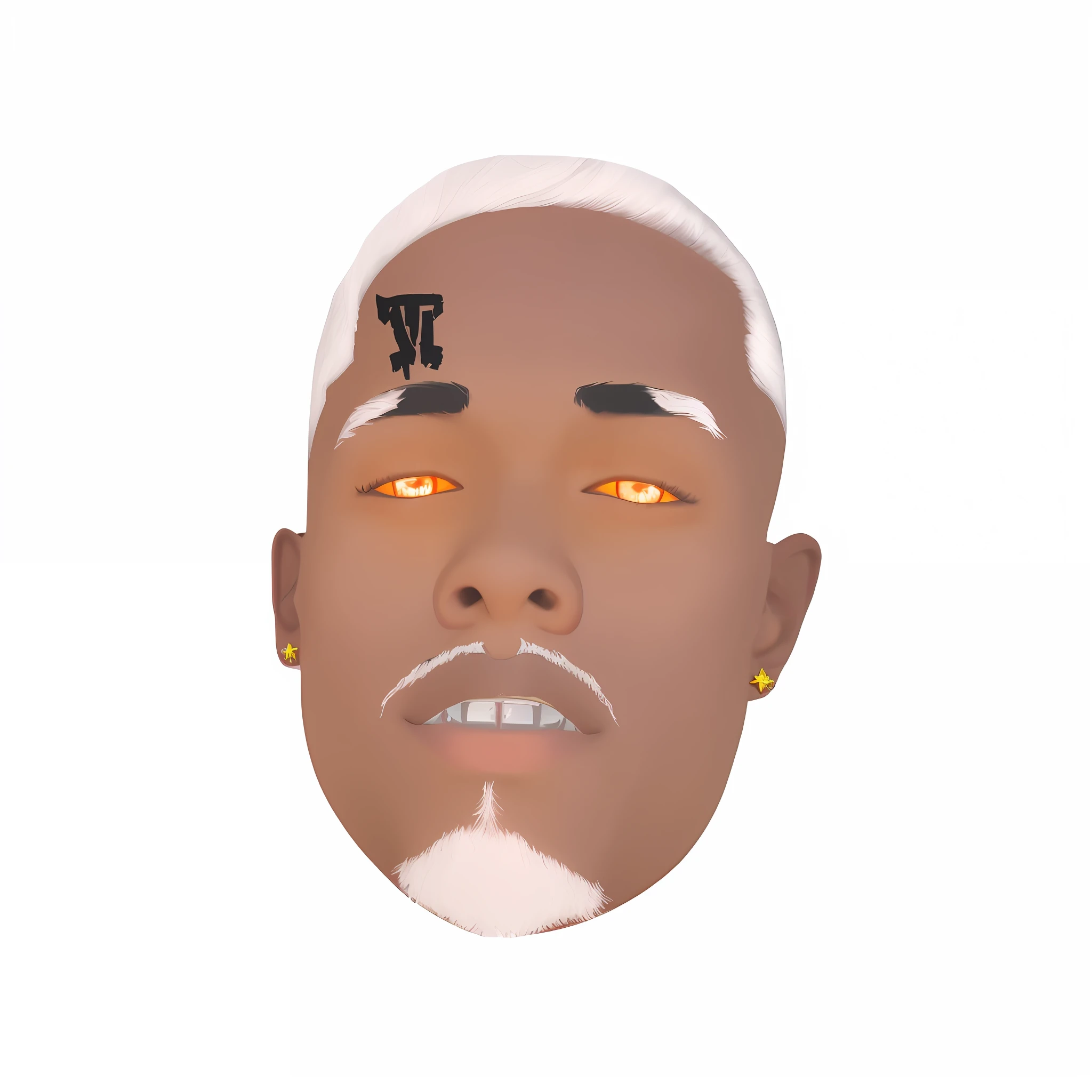 A -yeld wia detailed tattoo on him, brown skin color, 8K resolution, white hair, mustache and white goatee, with detailed bright red eyes and earrings on bright red crystal ears, and studded silver teeth, age 1 to 18 years, GTA San Andreas style