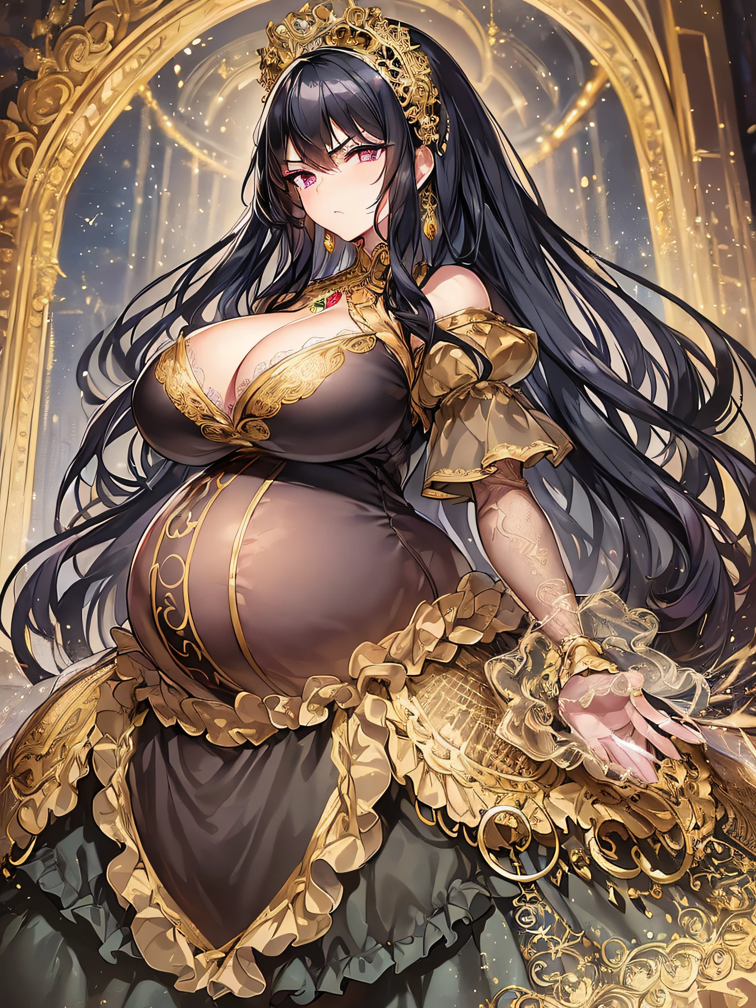 ((anime moe artstyle)),((Masterpiece)), (Best Quality), (Super Detail), Illustration, (((Very Delicate and Beautiful))),Dynamic Angle,Looking at viewer,((((Solo)))),(((Full body))),(((1 arrogant pregnant empress wearing gorgeous black ballgown))),((((heavily pregnant)))),(standing),((arrogant)),(((angry))),(embarrassed),(Purple eyes),Sharp eyes,Detailed Face, Long Eyelashes,(Jet Black Hair,Straight Hair,Very Long Hair),((Bangs between eyes)),((((gigantic breasts,Huge breasts,Bulging breasts,Long breasts,disproportionate breasts)))),cleavage,((skindentation)),curvy,See-through,(((luxurious lace and ruffled black and gold rococo ballgown adorned with abundant jewels and gorgeous embroidery))),(((voluminous black and gold rococo dress with a flared hemline))),(fluffy rococo ball gown with gorgeous embroidery and lace),((gold trim)),(((hoop skirt))),long skirt,corset,crinoline,opera gloves,Beautifully Gorgeous jeweled big tiara,Beautifully Gorgeous gem earrings,Beautifully Gorgeous jeweled necklace,Beautifully Gorgeous jeweled ornaments,indoor,light particles,royal palace,