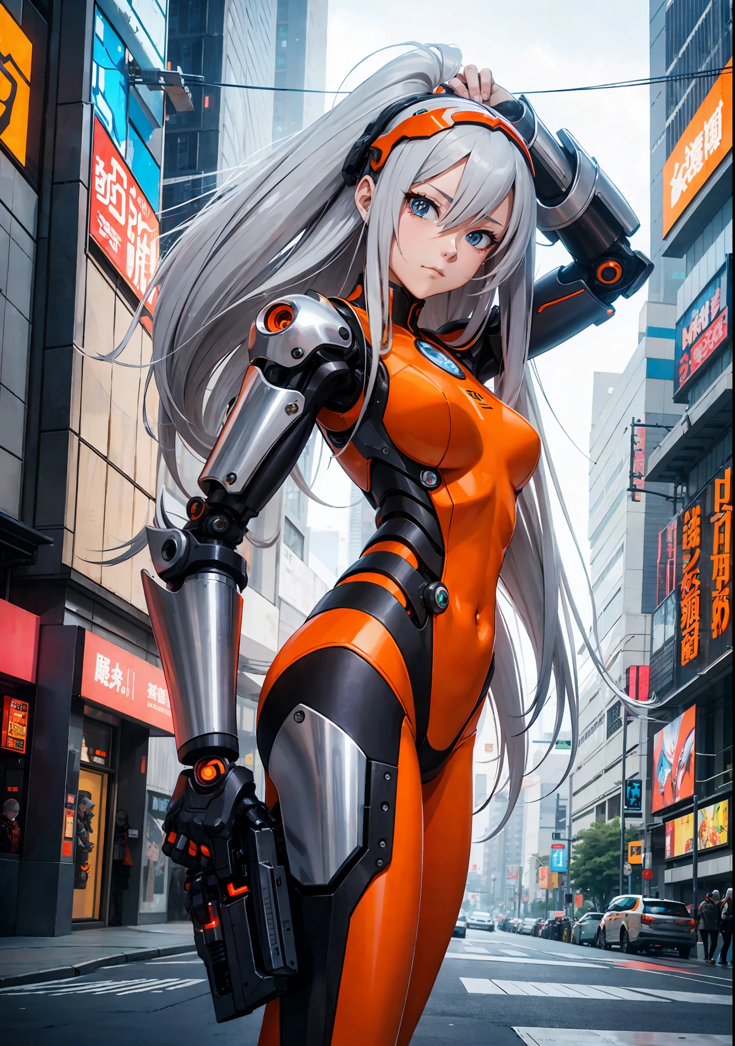 Woman with long hair and orange costume standing in the city, anime cyberpunk art, best anime 4K Konachan wallpaper, cyberpunk anime girl mecha, biomechanical, cyborg - silver haired girl, digital cyberpunk anime art, perfect anime cyborg woman, digital cyberpunk - animation art, saint cyborg necromancer sir girl, Anime Cyborg