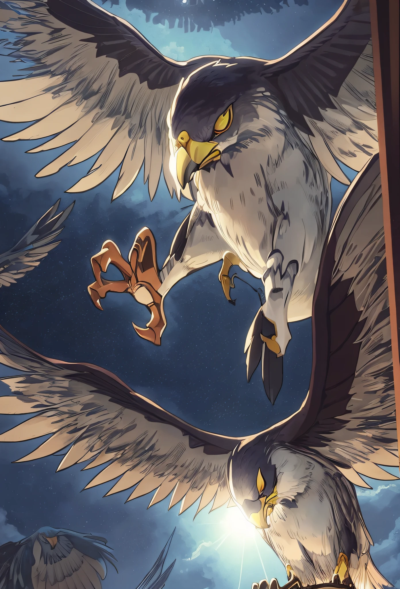 there is a picture of a bird that is flying in the sky, full color illustration, hawk wings, official art, close up angle, high detailed official artwork, gryphon, with wings. ultra-detailed, full color digital illustration, extra detail, coloured manga scan, background aerial battle, color manga panel, colored manga panel, digitally colored, coloured lineart --auto --s2