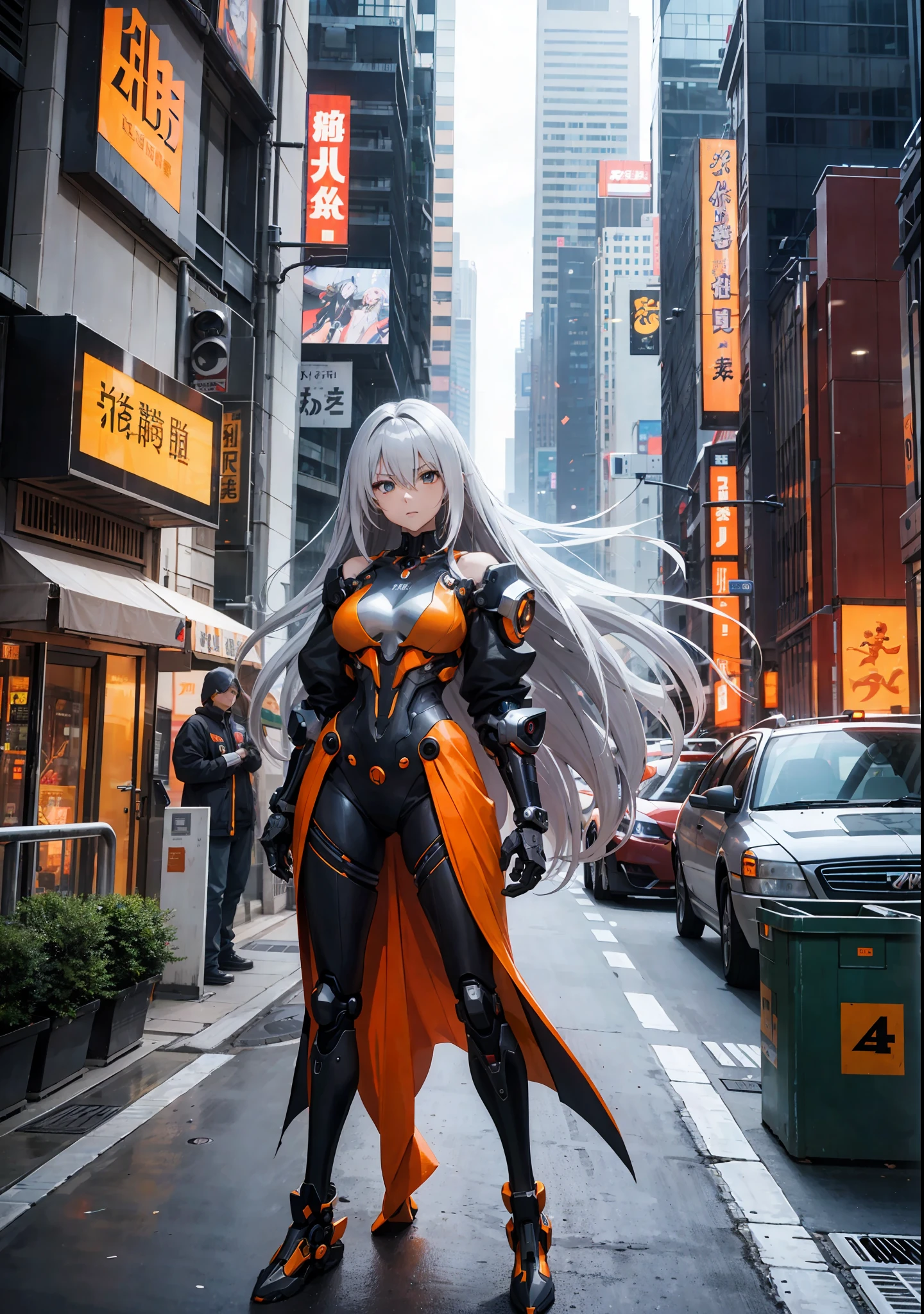 Woman with long hair and orange costume standing in the city, anime cyberpunk art, best anime 4K Konachan wallpaper, cyberpunk anime girl mecha, biomechanical, cyborg - silver haired girl, digital cyberpunk anime art, perfect anime cyborg woman, digital cyberpunk - animation art, saint cyborg necromancer sir girl, Anime Cyborg