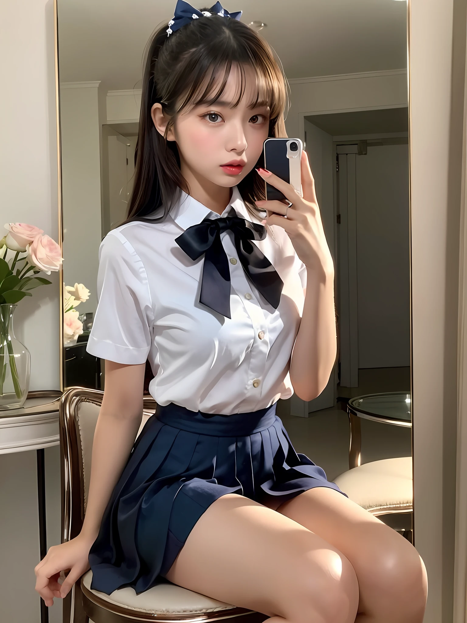 masterpiece, upper body shot, front view, 1 woman per 1 photo, a Japanese young pretty woman, hyper pretty face, 18 years old, glamorous figure, sitting on a chair in front of a mirror in her room, applying lipstick, wearing a short sleeves silky white collared shirt with shiny satin red plain bow tie, glossy lips, double eyelids in both eyes, natural makeup, long eyelashes, shiny smooth light brown hair of medium length, asymmetrical bangs, tanned skin, wearing a dark blue pleated skirt, head in the frame, central image, 8K resolution, high detail, detailed hairstyle, Detailed Face, spectacular cinematic lighting, octane rendering, vibrant, hyper realistic, perfect limbs, perfect anatomy
