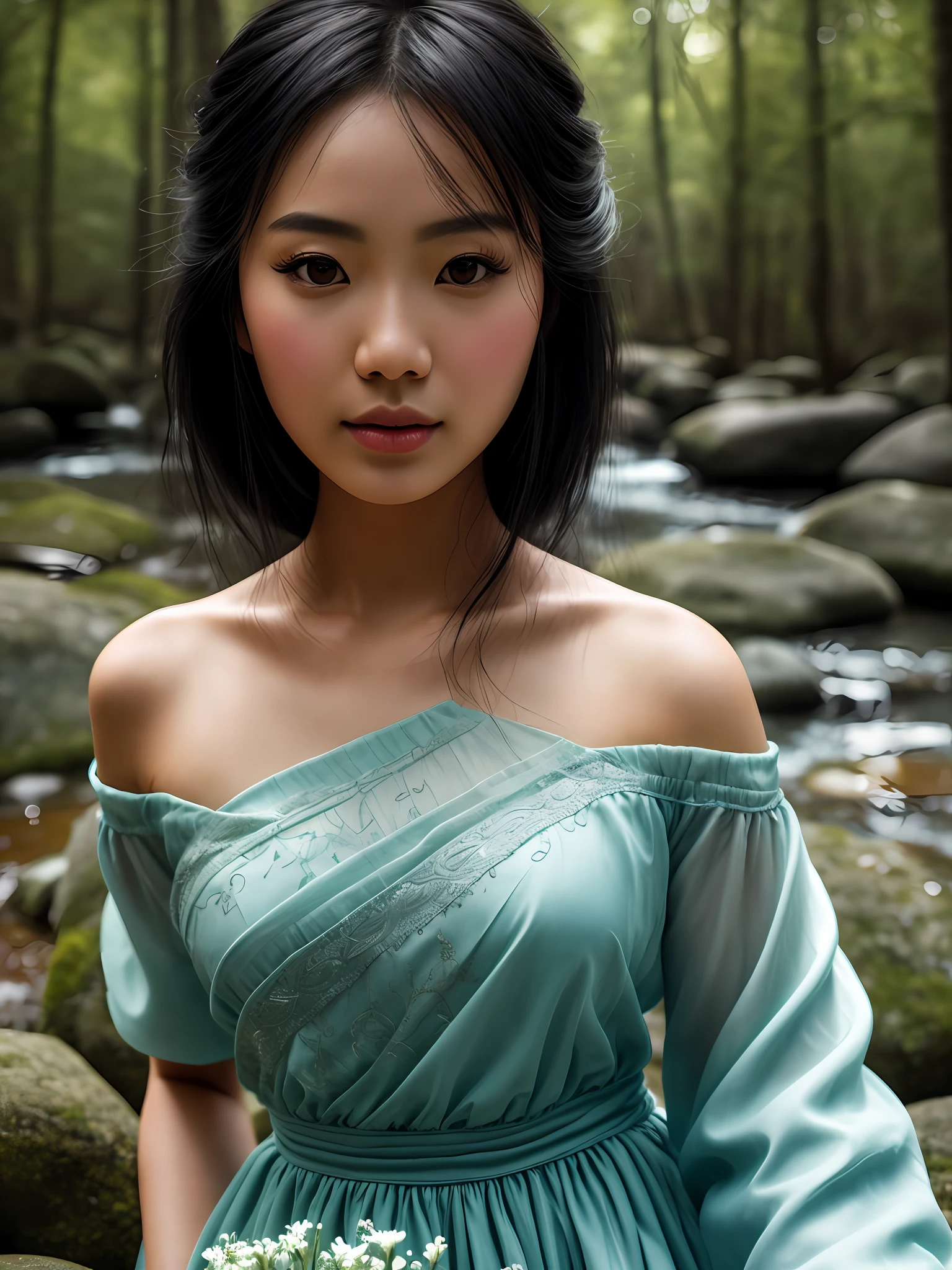 (4K HD textures, realism, detailed HD, elegant art, pastel tones, precise focus, realistic rendering), winter forest, portrait of an Asian woman (black damp hair, natural skin texture), low contrast, precision complex, high detail, mixed HDR exposure effect, cinematic lighting, soft, dim environment, faded gradient effect, full body blue open-shoulder long dress, sitting on a stone surrounded by flowers, picking a flower, smelling the flowers.