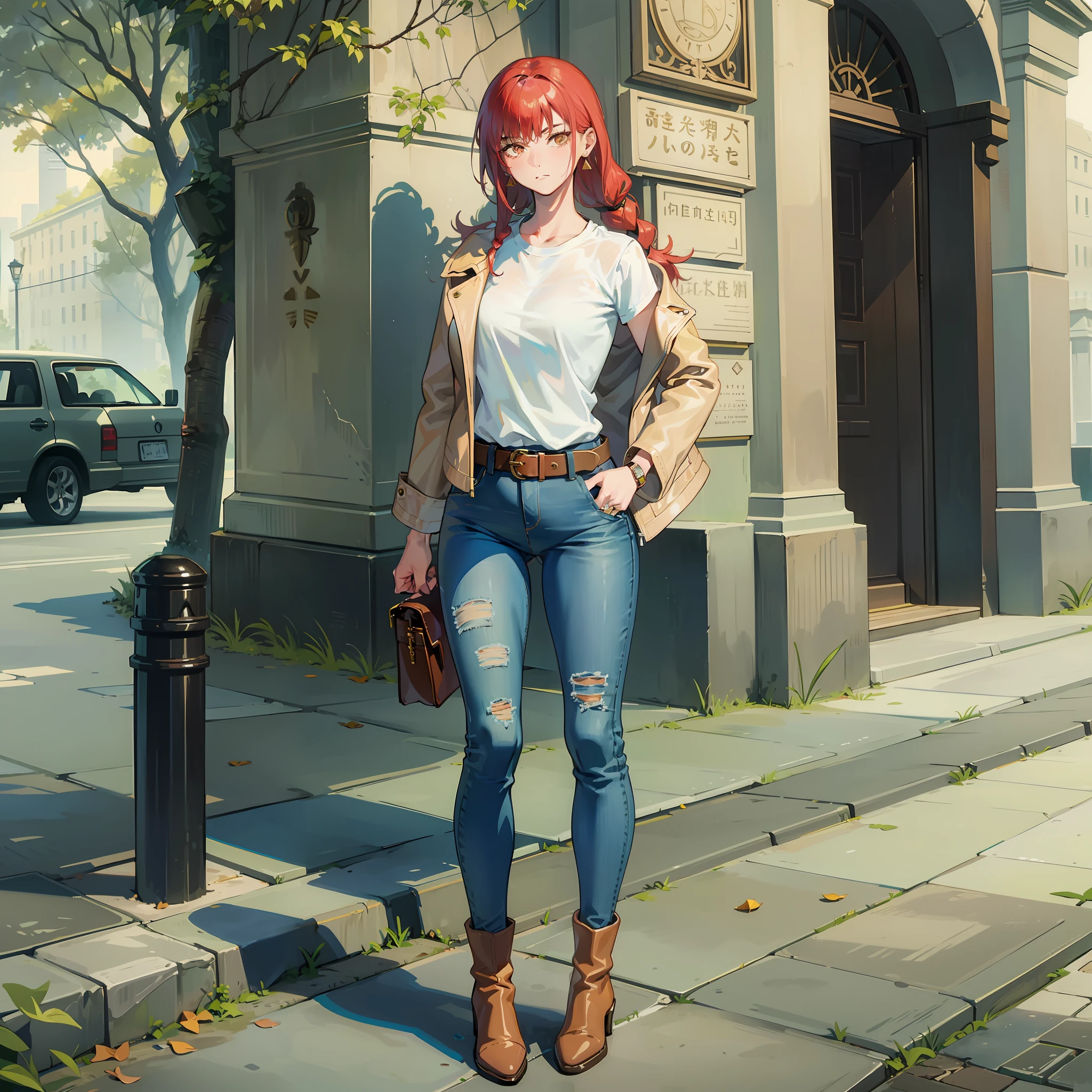 Makima, tight jeans, basic white shirt, earth-tone leather jacket, high heeled ankle boots, wide belt, leaf-shaped buckle, drop-shaped earrings, minimalist bag, straight face, sexy