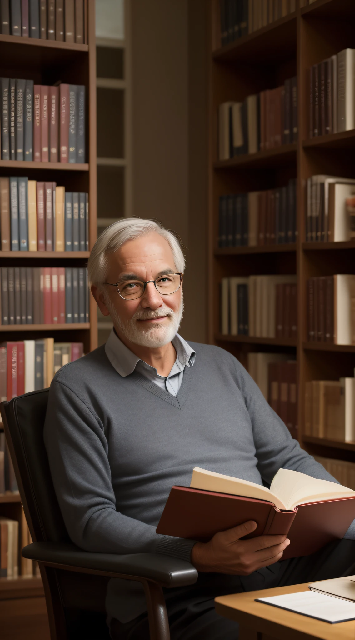 Drawing for me, a professor, sitting in a library with many books, in his mid-50s, happy face, gray hair, evening light