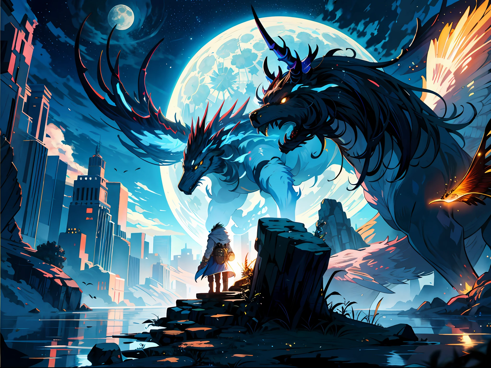 HD clear, best images, illustration quality, super detailed, a teenager with a bright moon behind him, and many beasts
