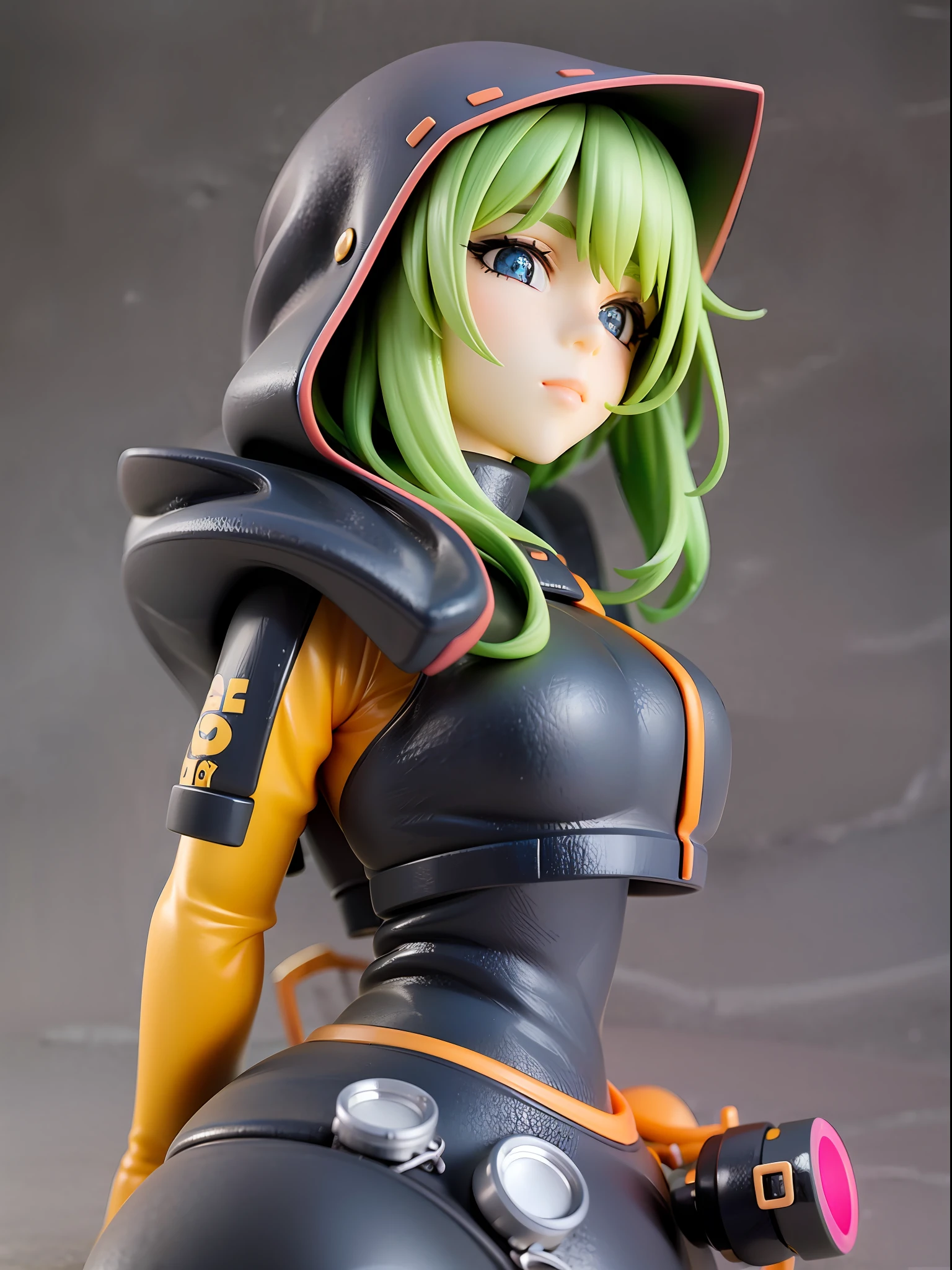 Girl, wearing a hood, neon color, holding a weapon, machine, white background, no background