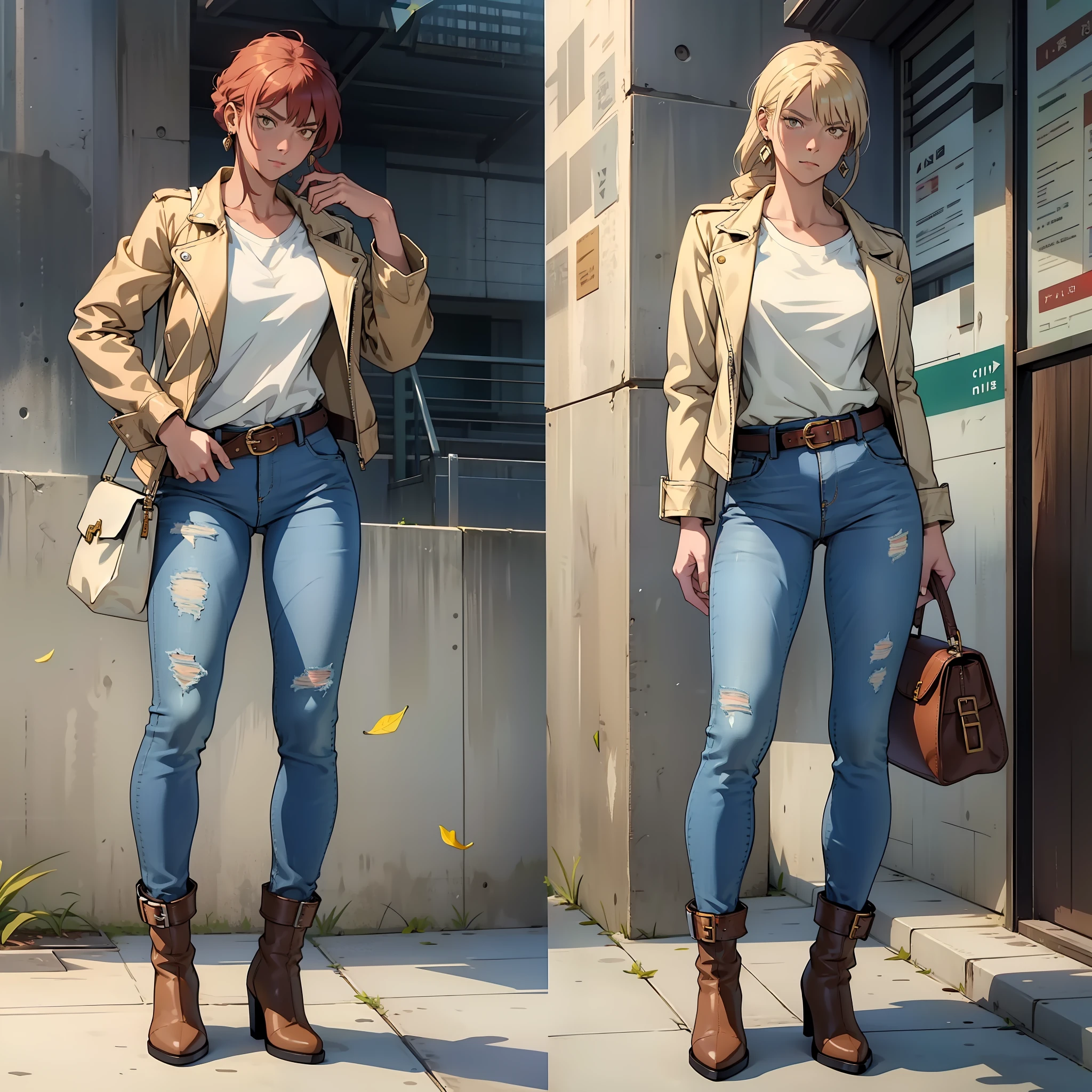 Makima, tight jeans, basic white shirt, earth-tone leather jacket, high heeled ankle boots, wide belt, leaf-shaped buckle, drop-shaped earrings, minimalist bag, straight face, sexy