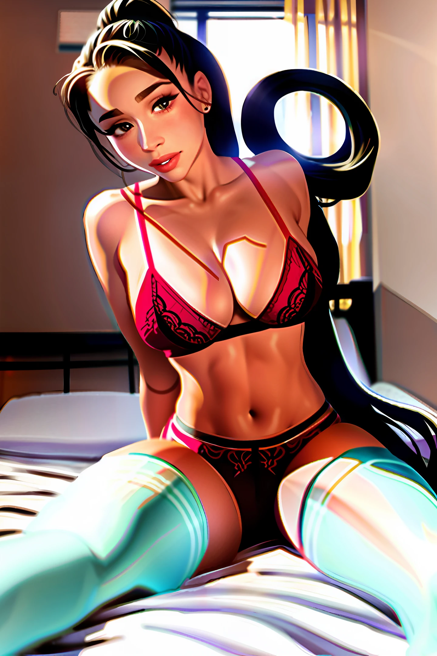 Abella danger drawn in the manga style, of 4 on a white bed and with red lingerie