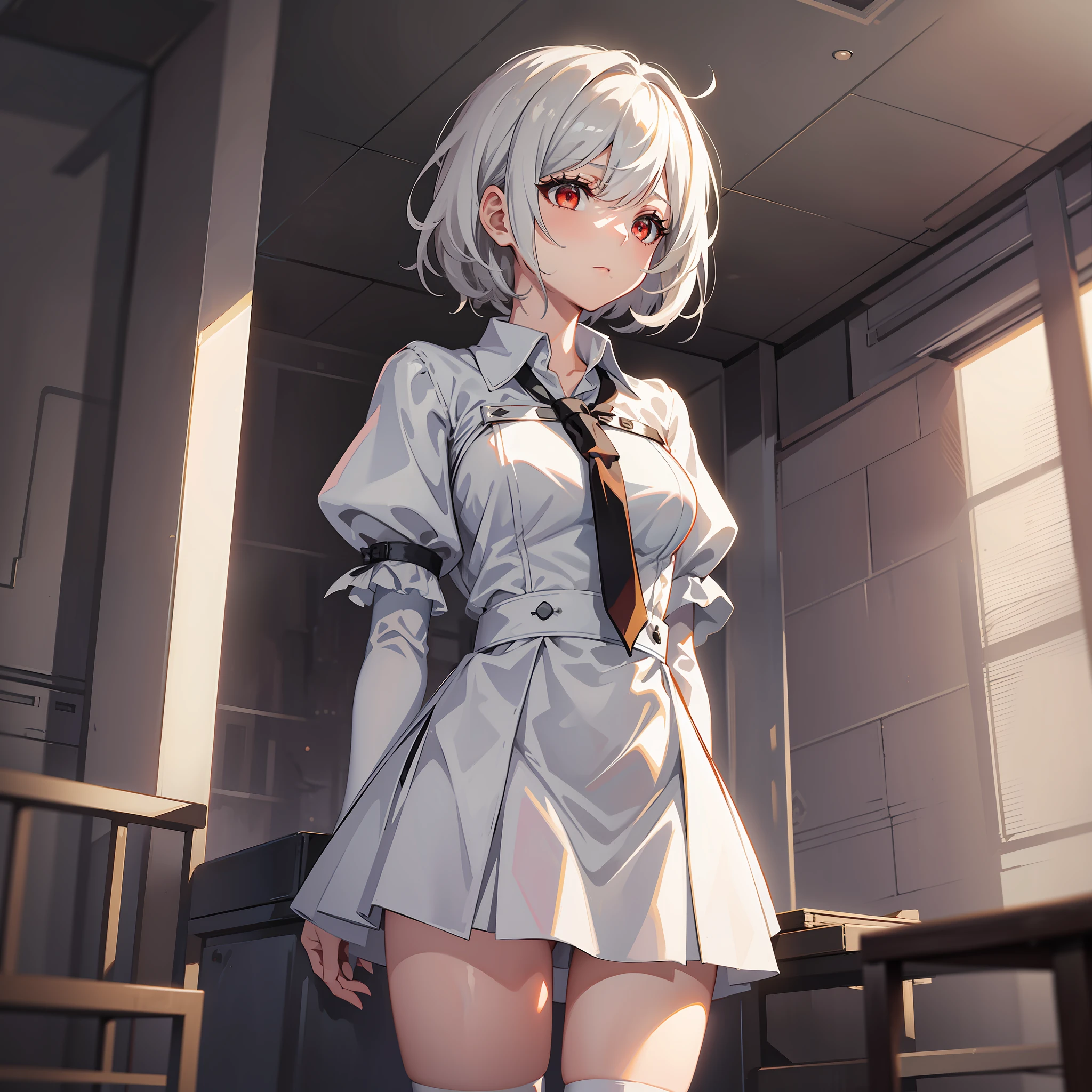 masterpiece, best quality, solo, (yorha no. 2 type b:1.14), medium breasts, expressionless, 1girl, solo, (ruffling hair, messy hair:1.1), short hair, white hair, romantic setting, best quality, ultra detailed, 1girl, solo, standing, white shirt, tie, short skirt, legwear, bright red eyes, bright skin, dramatic lighting