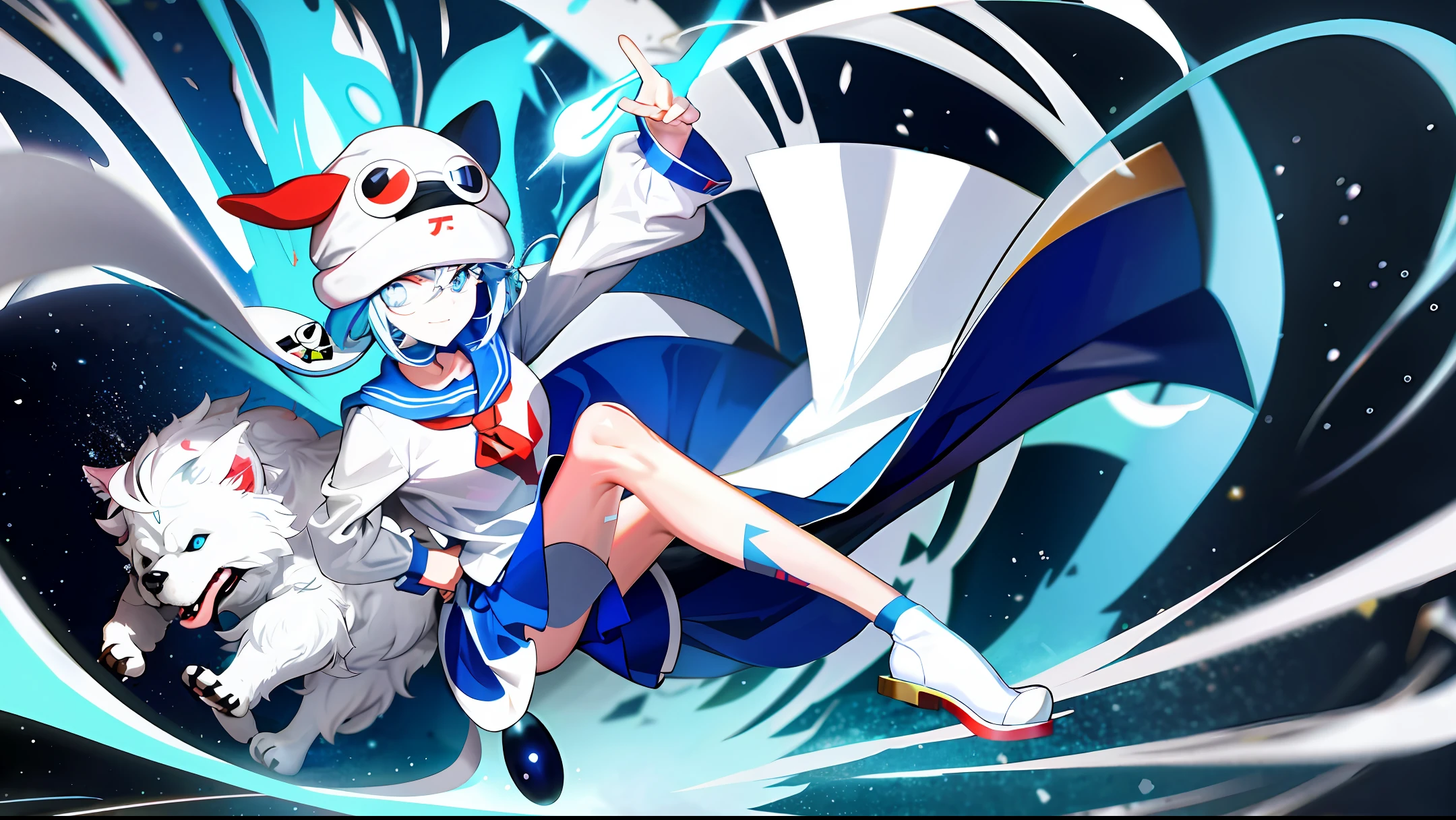 Anime character, with cute dog hat, white, blue eyes, slippers, super power.