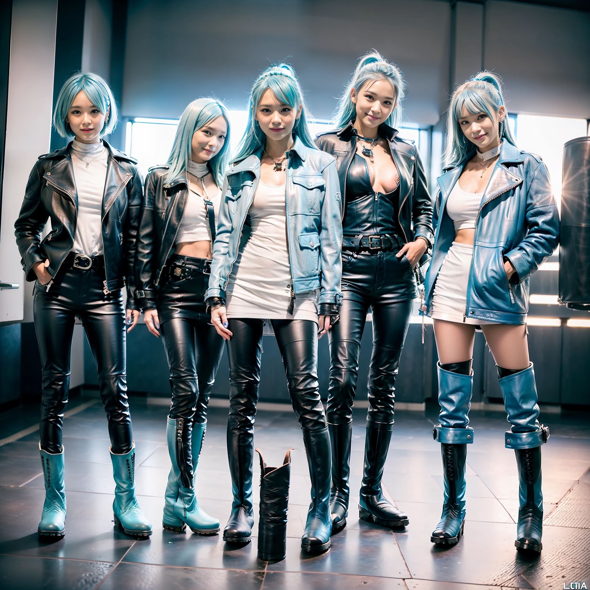 ((((7+girls)))), ((All Light Blue Leather Fashion))))), (Masterpiece)))), (Highest quality))))(16K)))), (Detailed description)))), (High contrast)))))), (Japan people), ())), 18 years old, ( Smile)))), ((((Boyish)))), ((Erotic))))), (Wild)))), (Super tall)), (Super big breasts))))), (Looking at the camera), (Portrait)))), (Light blue hair)))))), (Riders Jacket))), ((Leather pants))))), (((((Leather Boots)))))), (((Standing)))), (Professional Lighting))))), (Natural Light), (Tokyo)
